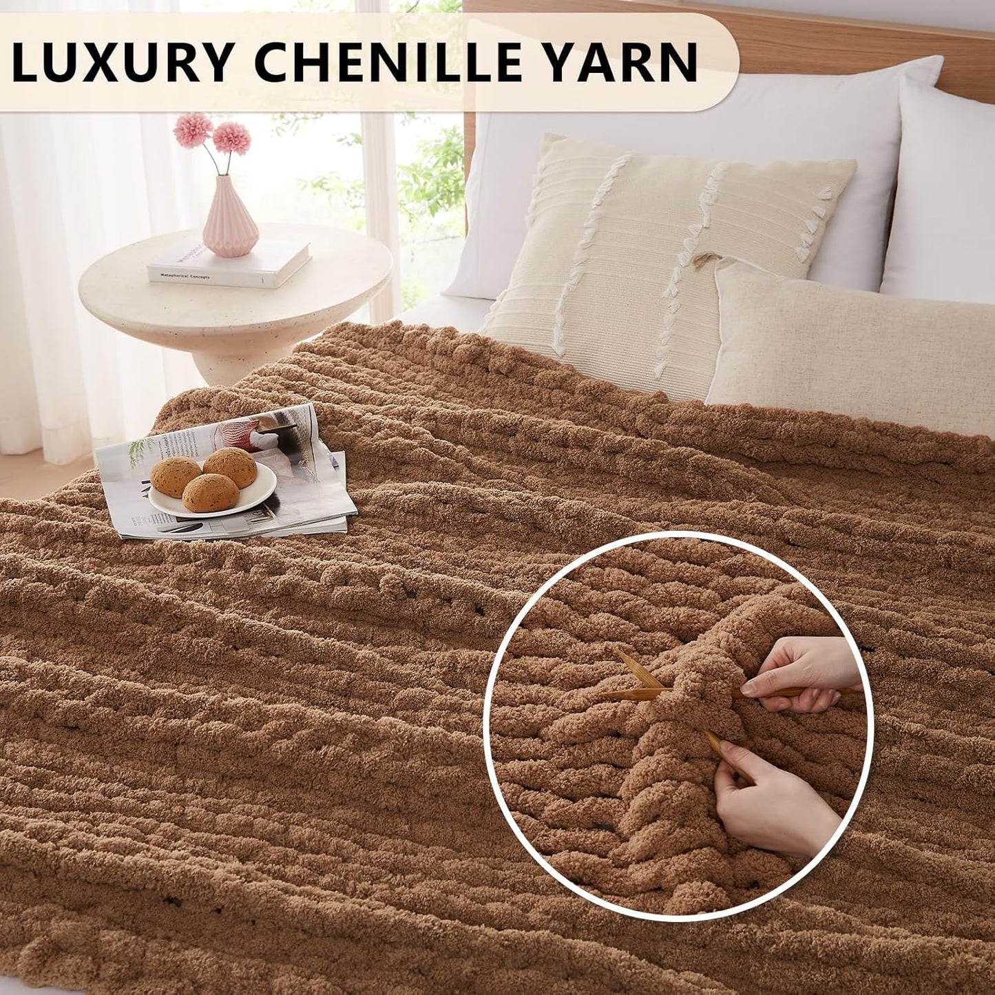 L'AGRATY Chunky Knit Blanket Throw - Soft Chenille Yarn Throw Blanket 40x50： Handmade Thick Cable Knit Crochet Blanke - Large Knit Blanket Chunky Rope Knot Throw Blanket for Couch Sofa Bed Home Decor