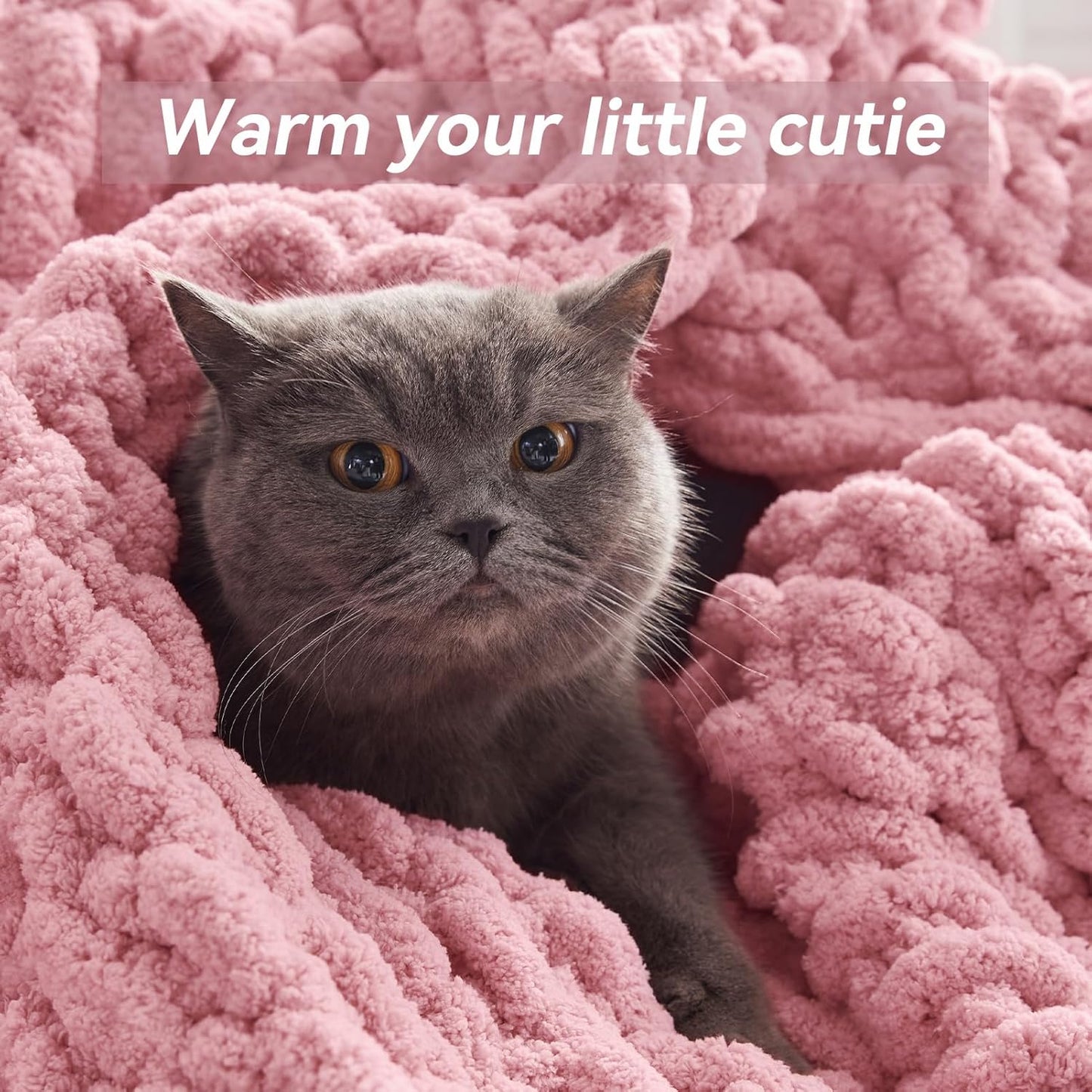 Chunky Knit Throw Blanket, 50''*60'' Knitted Throw Chenille Yarn for Bed Couch, Handmade Light Pink Crochet Big Thick Blanket, Machine Washable Cute Comfy Blanket for Home Decor