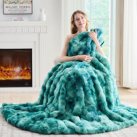 Lotus Karen Faux Fur Throw Blanket Tie-Dye Green - Big Bubble Rabbit Fluff Blanket for Couch, Large Fluffy Fuzzy Cozy Blanket,Thick Furry Plush Shaggy Blankets,90x90 Inches