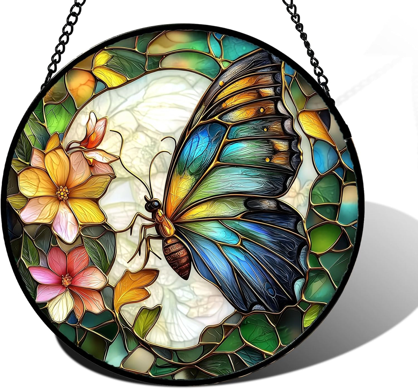 Stained Glass Window Hanging, Butterfly Flower Sun Catchers Diamond Glass Panel Hangings Insect Suncatcher Decor for Birthday for Women, Men, Wife, Aunt, and Mom 6.3 in