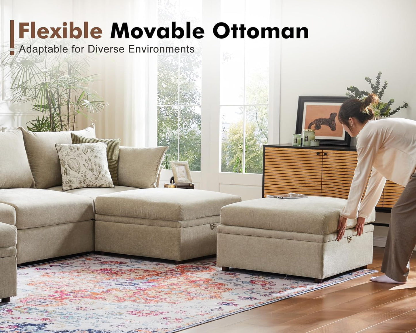 102.6" Luxury Modular Sleeper Sofa Bed 6 Seat Reversible Sectional Couch Deep Seat with Storage Chaises Removable Cover for Living Room, Apartment - Chenille Beige