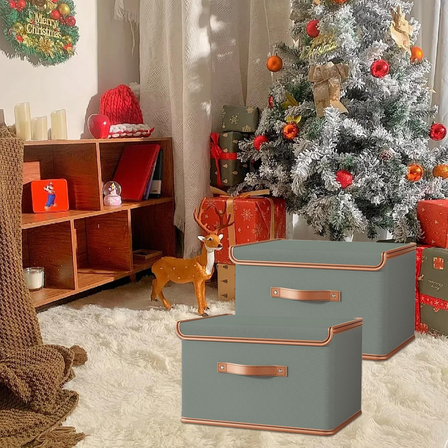 Tuza 4 Pack Storage Bins with Lids, Collapsible Closet Organizer Container, Fabric Organizer Box with Handles, Decorative Storage Boxes with Lids for Organizing Clothes, Blanket, Grey, Large