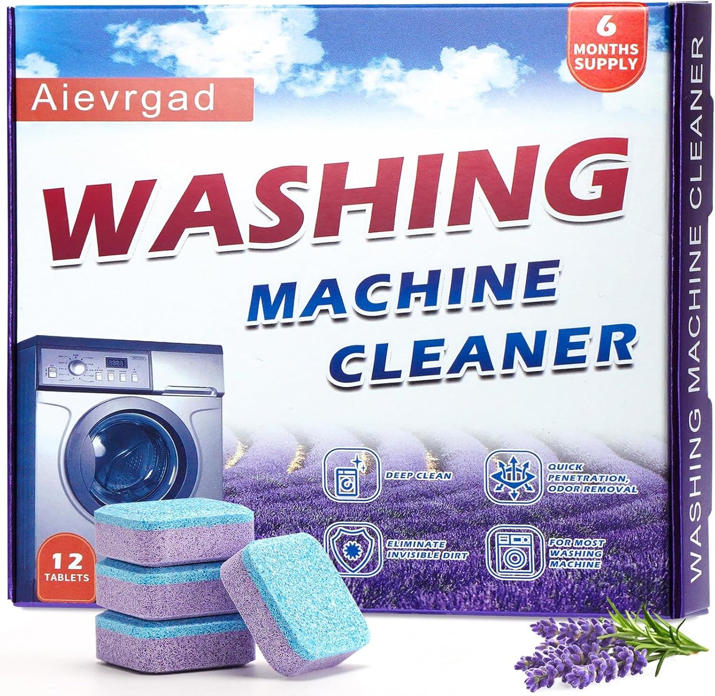 Washing Machine Cleaner Tablet : 12pack/6 Month Supply, washer cleaner table for laundry,top loader,front load or HE washing machine, effective deep cleaner, descaler, remover(Lavender)