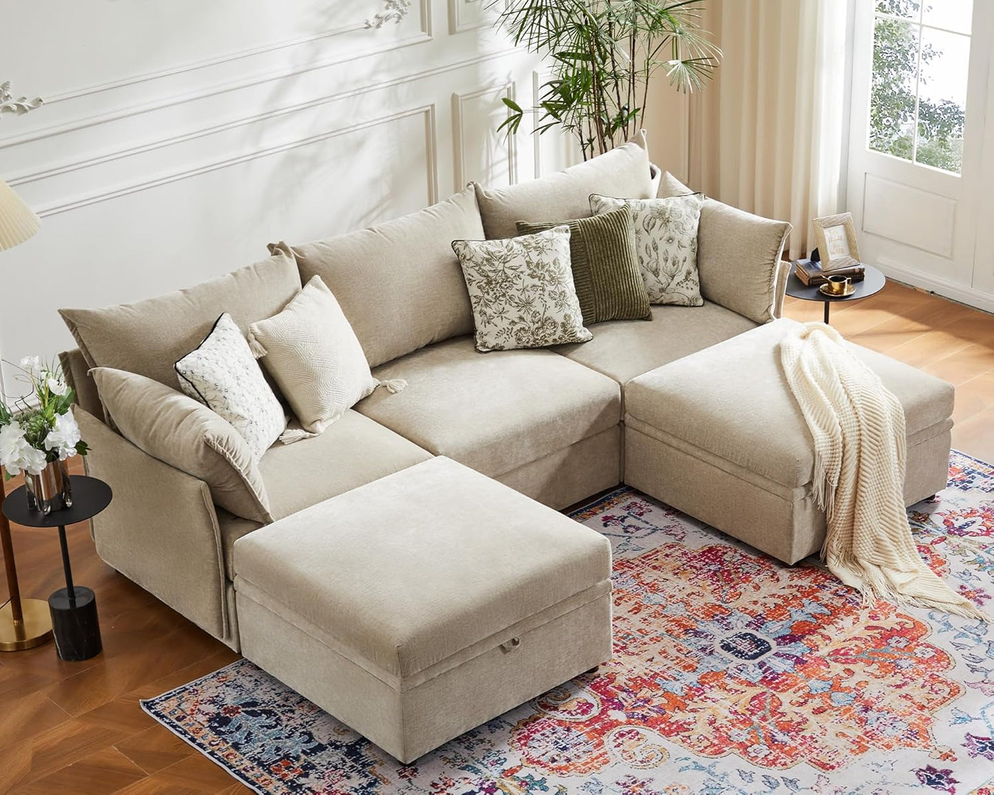 102.6" U Shaped Modular Sectional Sofa, 5 Seater Couch with Storage Ottoman Deep Seat and High Backrest with Removable Cover for Living Room, Apartment - Chenille Beige