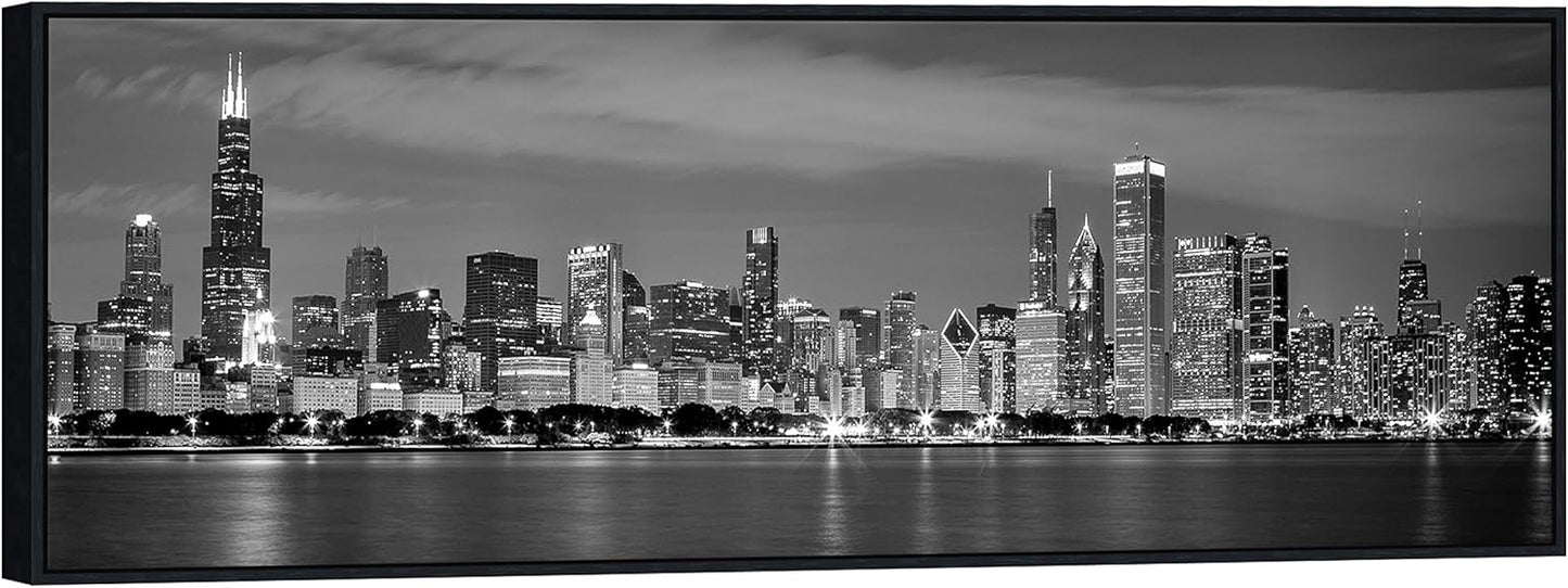 Wieco Art Framed Wall Art Chicago City Center Skyline Black and White Wall Decor Canvas Prints Modern Cityscape Wall Decorations for Living Room Pictures for Bedroom Decorations
