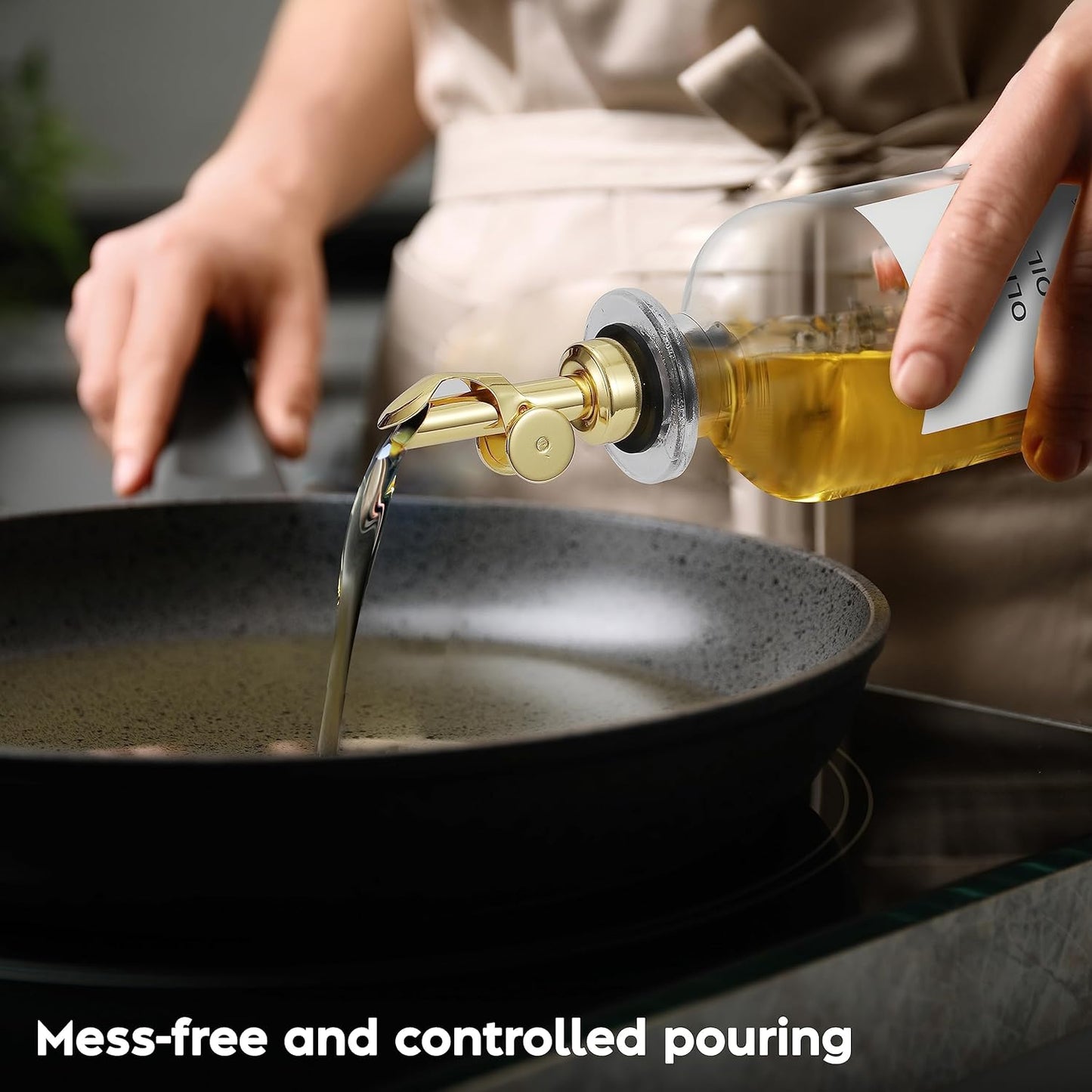 Olive Oil Dispenser Bottle - Includes 55 Kitchen Essential Labels - Cooking Oil Bottles for Kitchen, Coffee Syrup Dispenser - Pourer Spout with 16.9 fl oz Glass Container Cruet - 2pcs, Gold