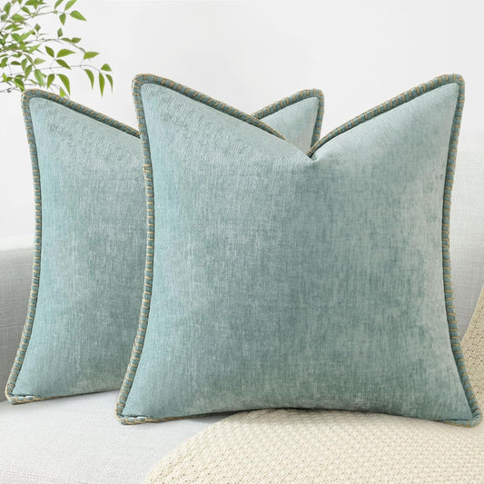 decorUhome Chenille Soft Throw Pillow Covers 20x20 Set of 2, Farmhouse Velvet Neutral Decorative Euro Pillow Covers with Stitched Edge for Couch Sofa Bed Home Decor, Aqua Haze