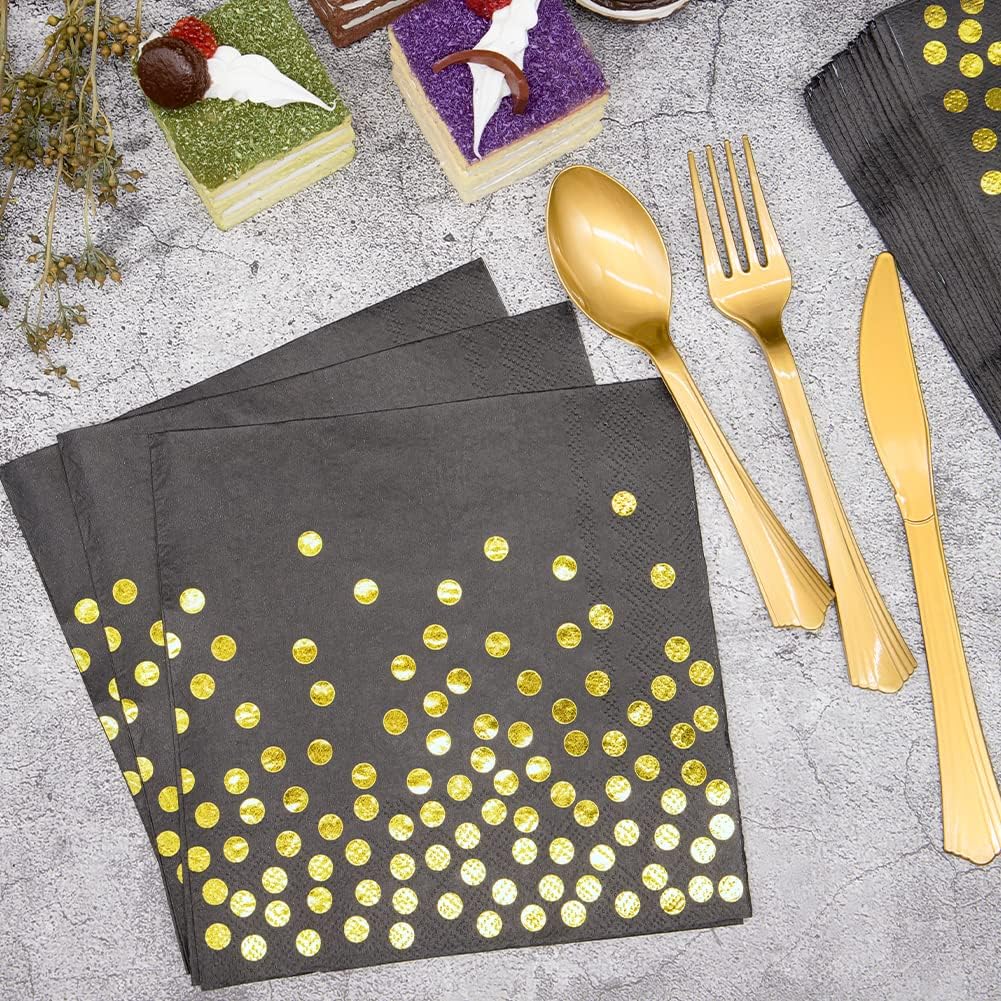 Black and Gold Party Supplies, 350PCS Disposable Dinnerware Set Inclueds Black Gold Dot Paper Plates Napkins Cups Gold Plastic Fork Knives Spoon for Women Men Birthday Wedding Baby Shower Decorations