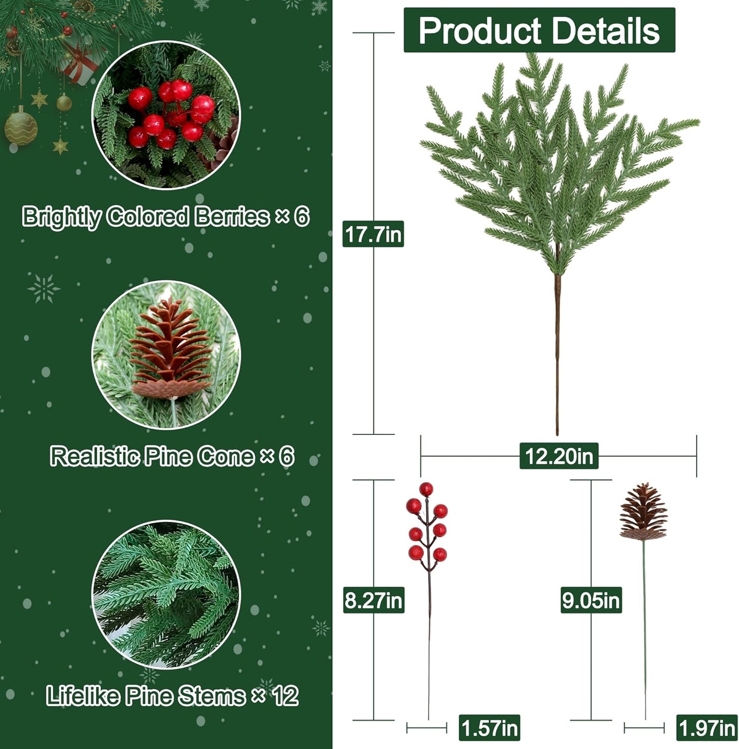 24 Pcs Christmas Norfolk Pine Stems, Realistic DIY Artificial Pine Branches for Christmas Decorations