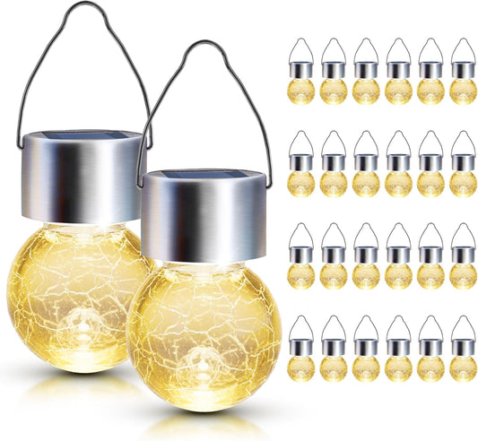 GIGALUMI 24 Pack Solar Outdoor Lights, Solar Hanging Lights for Christmas Decoration-Cracked Glass Solar Lights Outdoor Waterproof for Garden, Yard, Fence, Tree（Warm White）