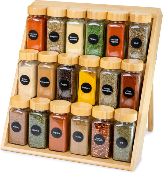 Extra Sturdy 3-Tier Bamboo Spice Rack – 12" W x 10" D x 13" H – Foldable Non-Slip Wooden Spice Organizer for Countertop, Cabinet & Drawer – Includes Labels, Funnel & Hooks – Spice Jars NOT Included