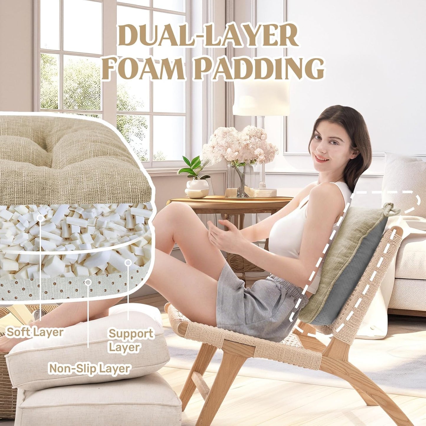 puredown® Chair Cushions for Dining Chairs, Tufted Memory Foam Chair Pads with Non-Slip Backing, Kitchen Seat Cushions with Ties, Washable Seat Pad Set of 4, 15.5" x 15.5" x 4", Khaki