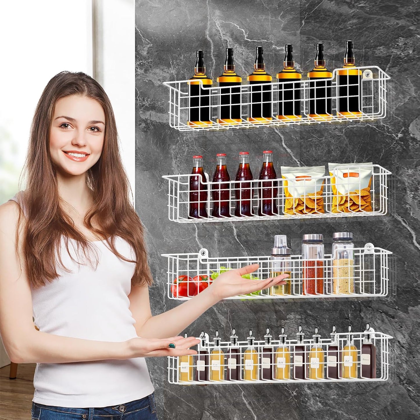 Spice Rack, 4-Pack Seasoning Organizer Wall Mount for Kitchen Storage Organization, Spice Holder Metal Shelf Saving Space for Cabinet, RV, Pantry, White