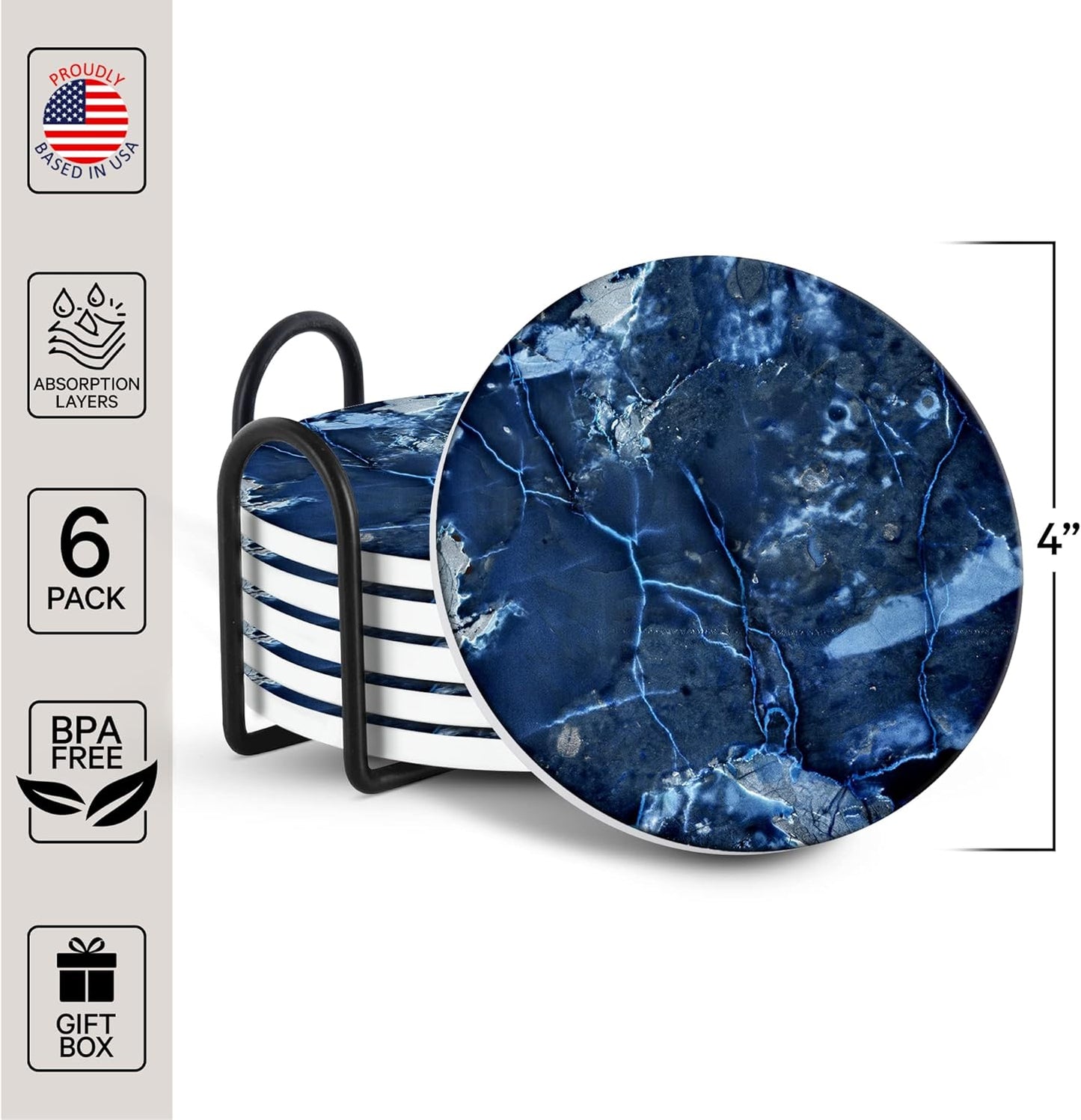 Emerson Coasters for Drinks Absorbent Set of 6 with Holder – Marble Style Coasters – Coasters for Drinks – Drink Coasters for Coffee Table – 100% Ceramic Stone Non Slip – Heavy Duty (Maze)