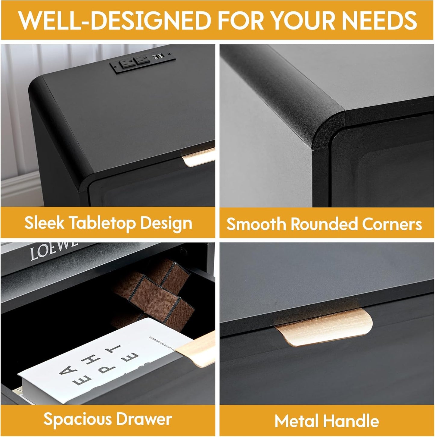 LEVNARY Nightstand Set of 2, Mid-Century Modern Bedside Table with Charging Station and Curved Top Corners, Wooden End Table for Farmhouse Bedroom Living Room (2, Black)