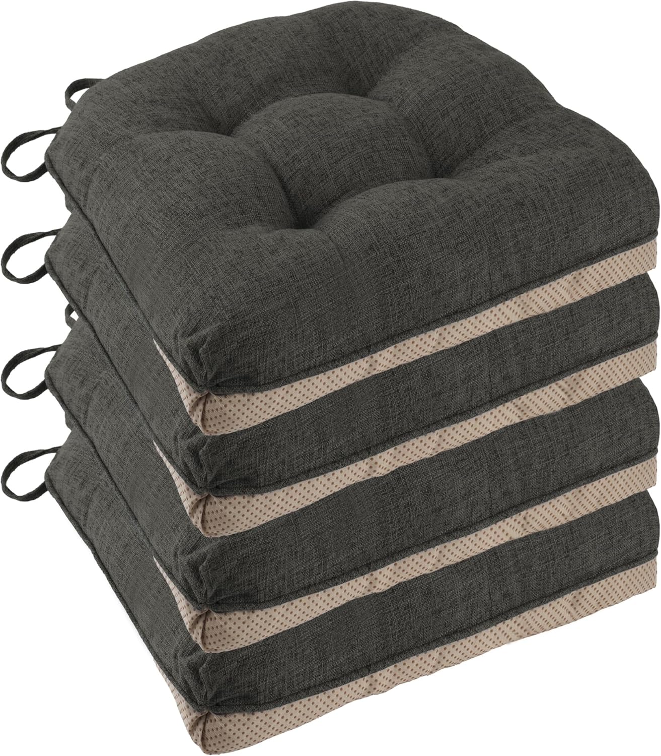 Non Slip Chair Cushions for Dining Chairs Set of 4 Kitchen Chair Cushions 18"x18"x3" Turfted Chair Pads Comfortable and Soft Seat Cushion with Ties, Dark Grey