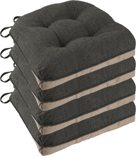 Non Slip Chair Cushions for Dining Chairs Set of 4 Kitchen Chair Cushions 18"x18"x3" Turfted Chair Pads Comfortable and Soft Seat Cushion with Ties, Dark Grey