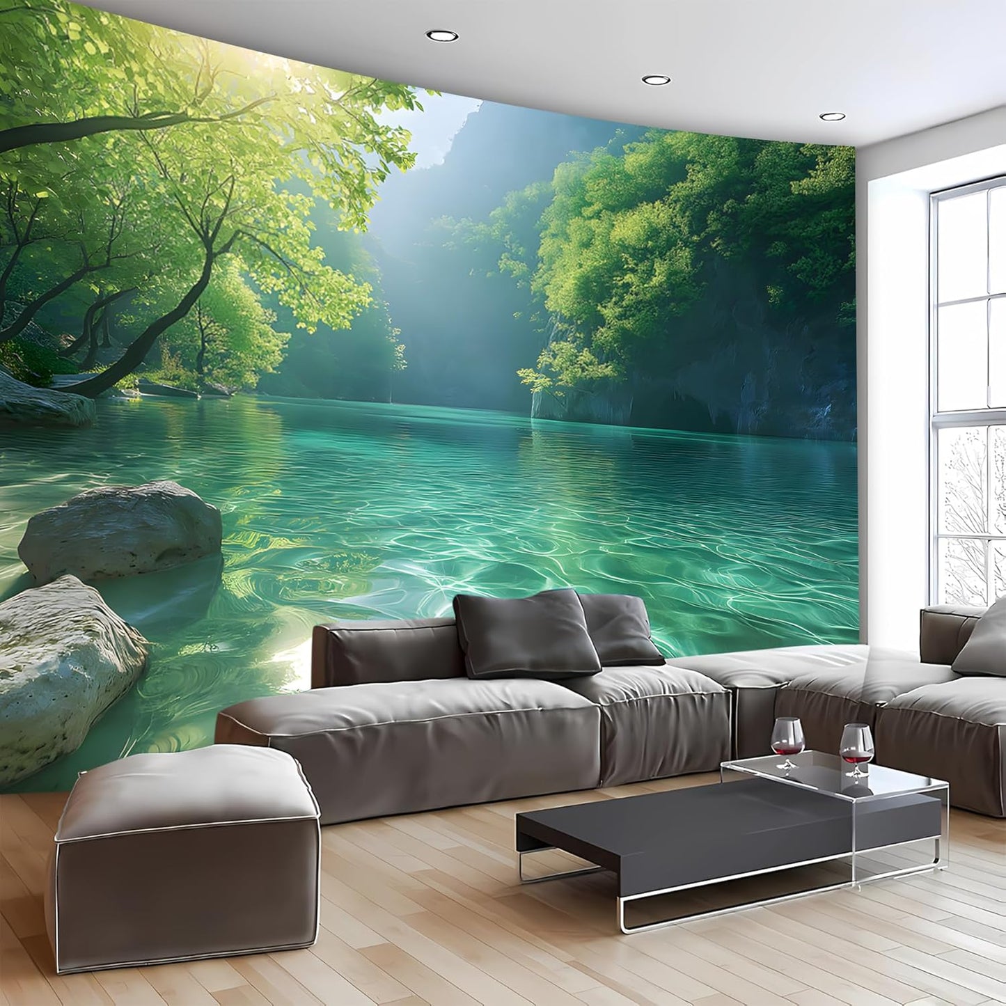 BSFHH Nature Tapestry Forest Tree Sea Cave Wall Hanging, Stream Through Rainforest Landscape Wall Art Tapestry for Bedroom Living room (Lake View, 59" × 51", Unframed)