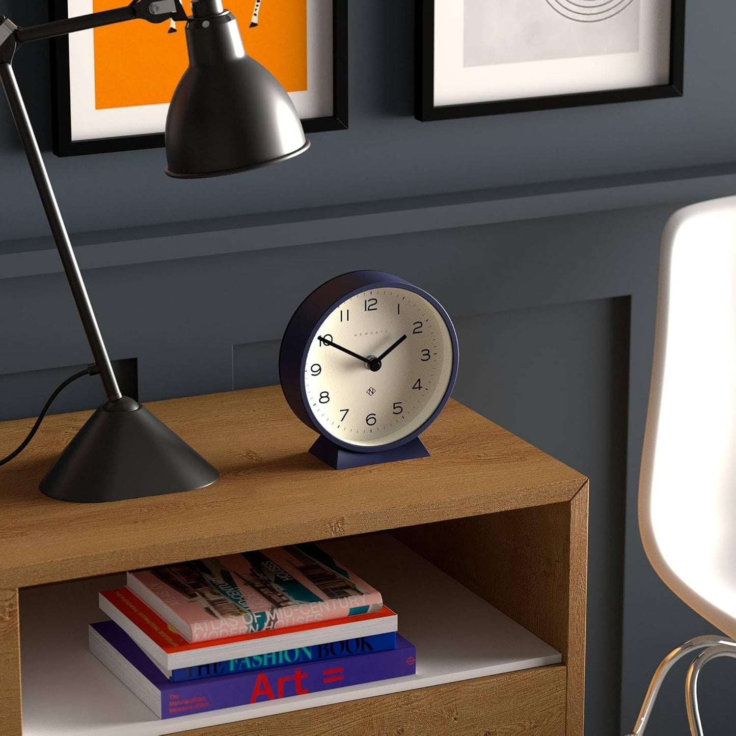 NEWGATE® M Mantel Echo Desk Clock | Modern Round Design | Navy Blue | Easy to Read Numbers | Contemporary Style for Desk, Table, Shelf or Bedside