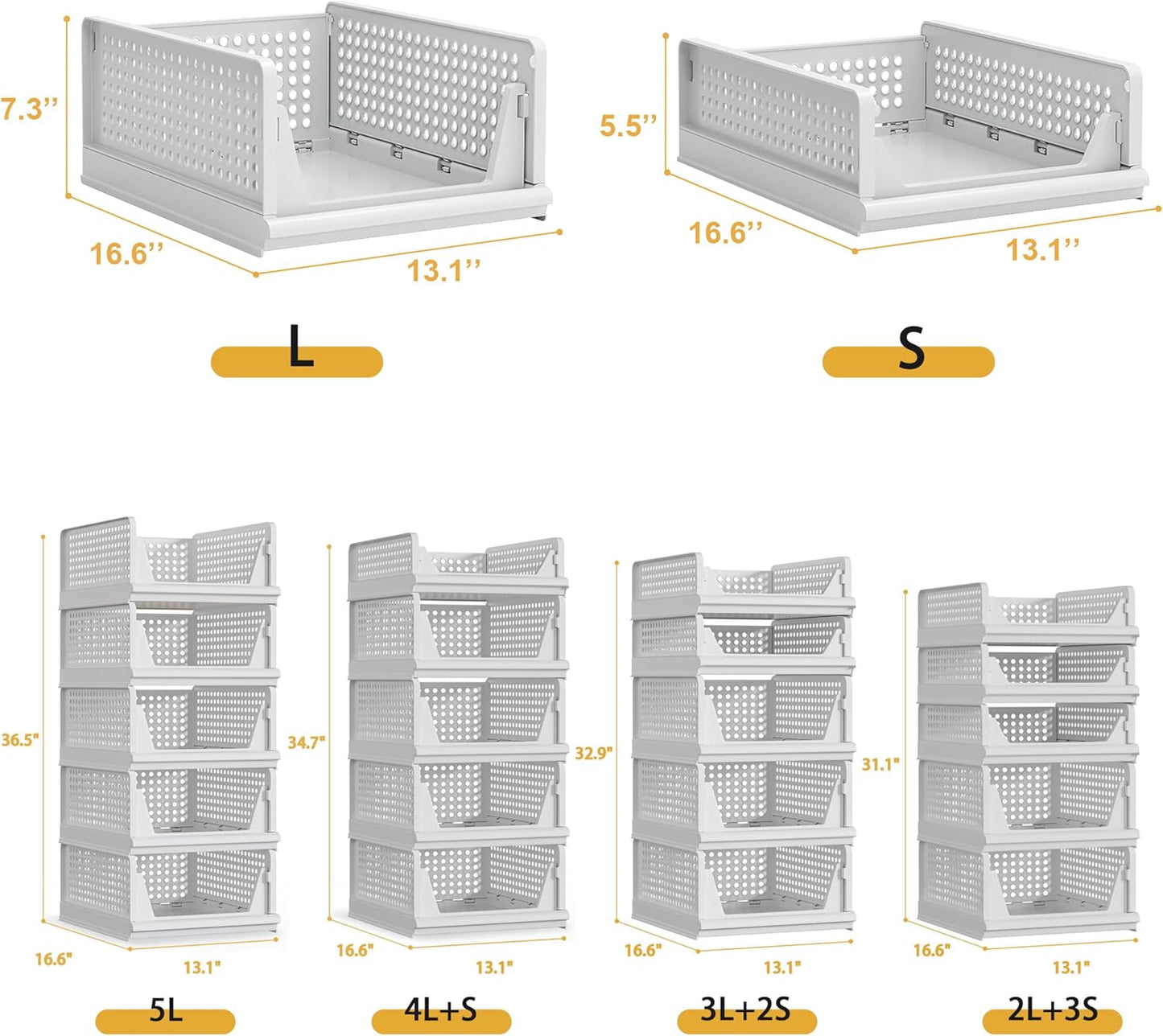 5 Pack Stackable Plastic Storage Basket Closet Organizer Bin Foldable Clothes Organizer Storage Drawer Shelf Container for Living Room Bathroom Kitchen Office (5L)