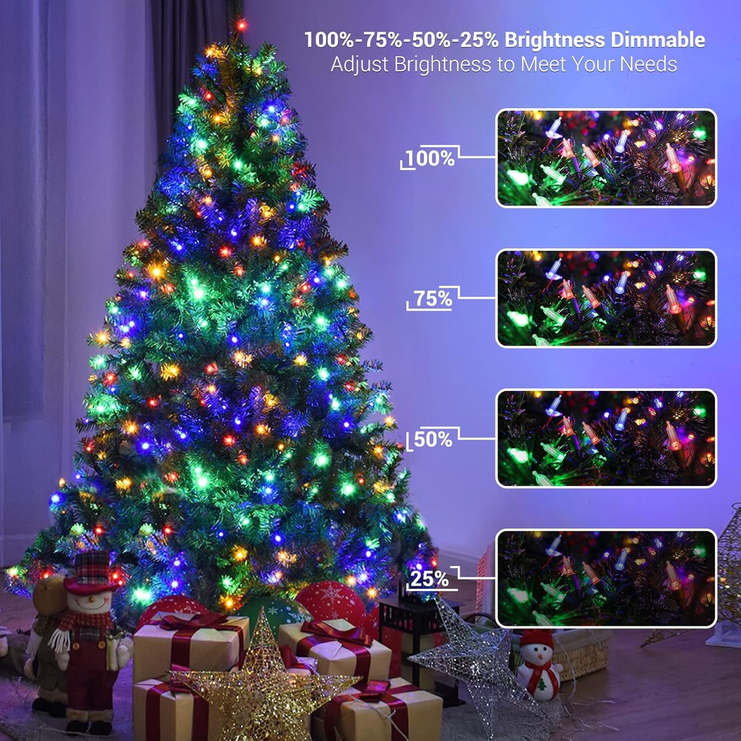 Brizled Color Changing Christmas Lights, 33ft 100 LED Connectable, 12 Modes Warm White & Multicolored Xmas Tree Lights with Remote, Dimmable for Indoor/Outdoor Decor