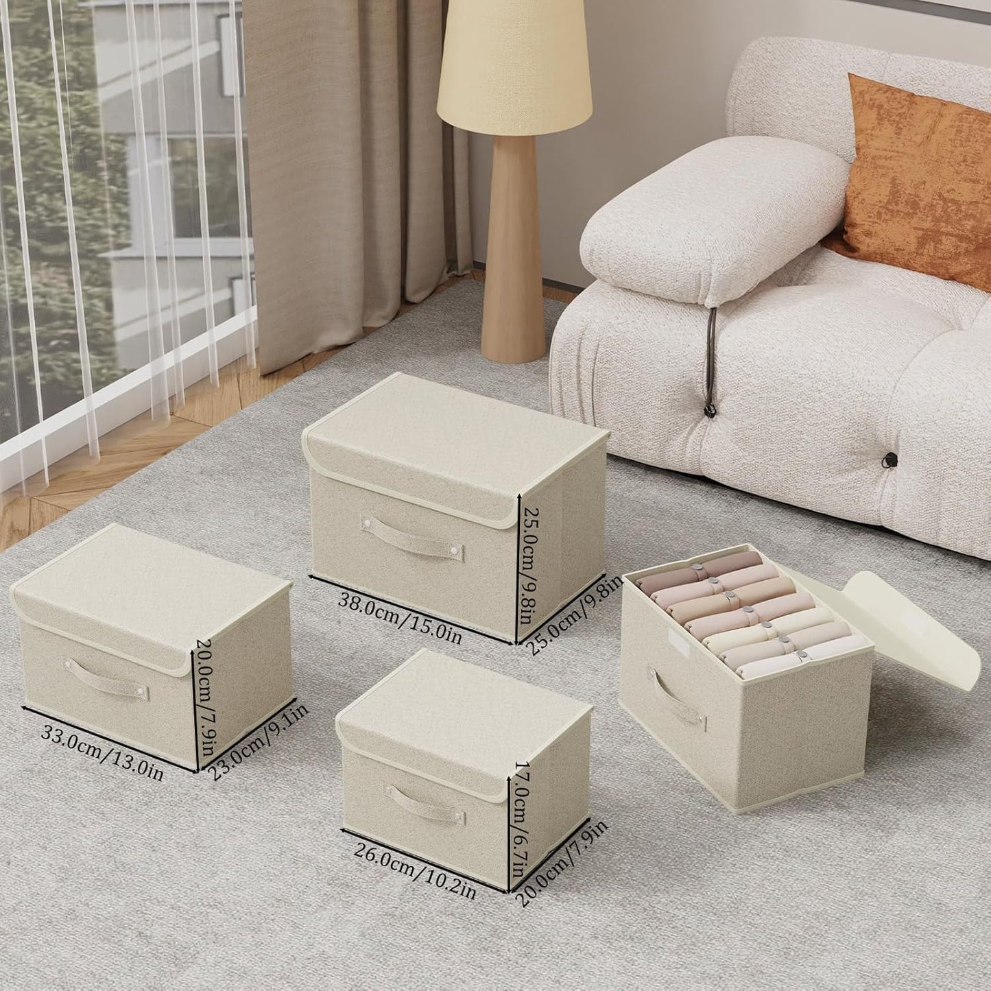 Fabric Storage Bins Cube Organizers with Flip-Top Lid and Handles,Storage Boxes for Organizing Home,Office,and Closet,Grey and Beige,3 Pack 15 x 9.8 x 9.8 in