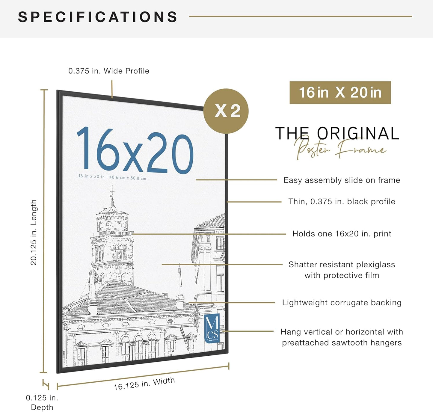 MCS Original Poster Frame 16x20 Black Lightweight Vertical & Horizontal Wall Hanging Large Picture Frame for Posters, Art Prints & Gallery Wall (2-Pack)