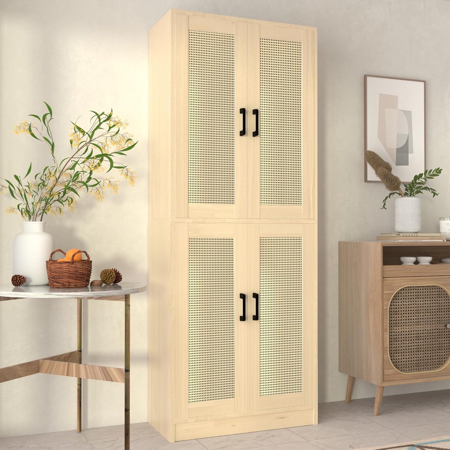 Oak Rattan Kitchen Pantry, 71" Tall Storage Cabinet with Doors, Boho Hutch for Dining Room