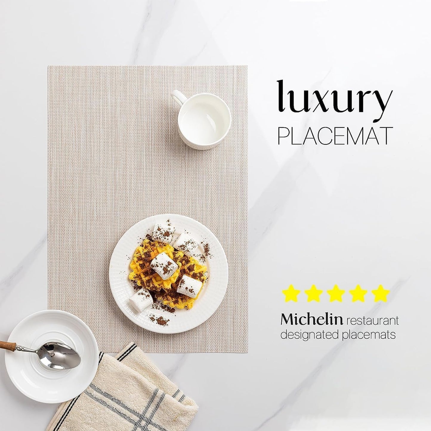 LEXMORE Placemats Set of 12 Vinyl/Plastic Woven Place Mats for Kitchen Table Indoor/Outdoor Washable Placemat Wipeable Dining Table Mats(A-Beige White)