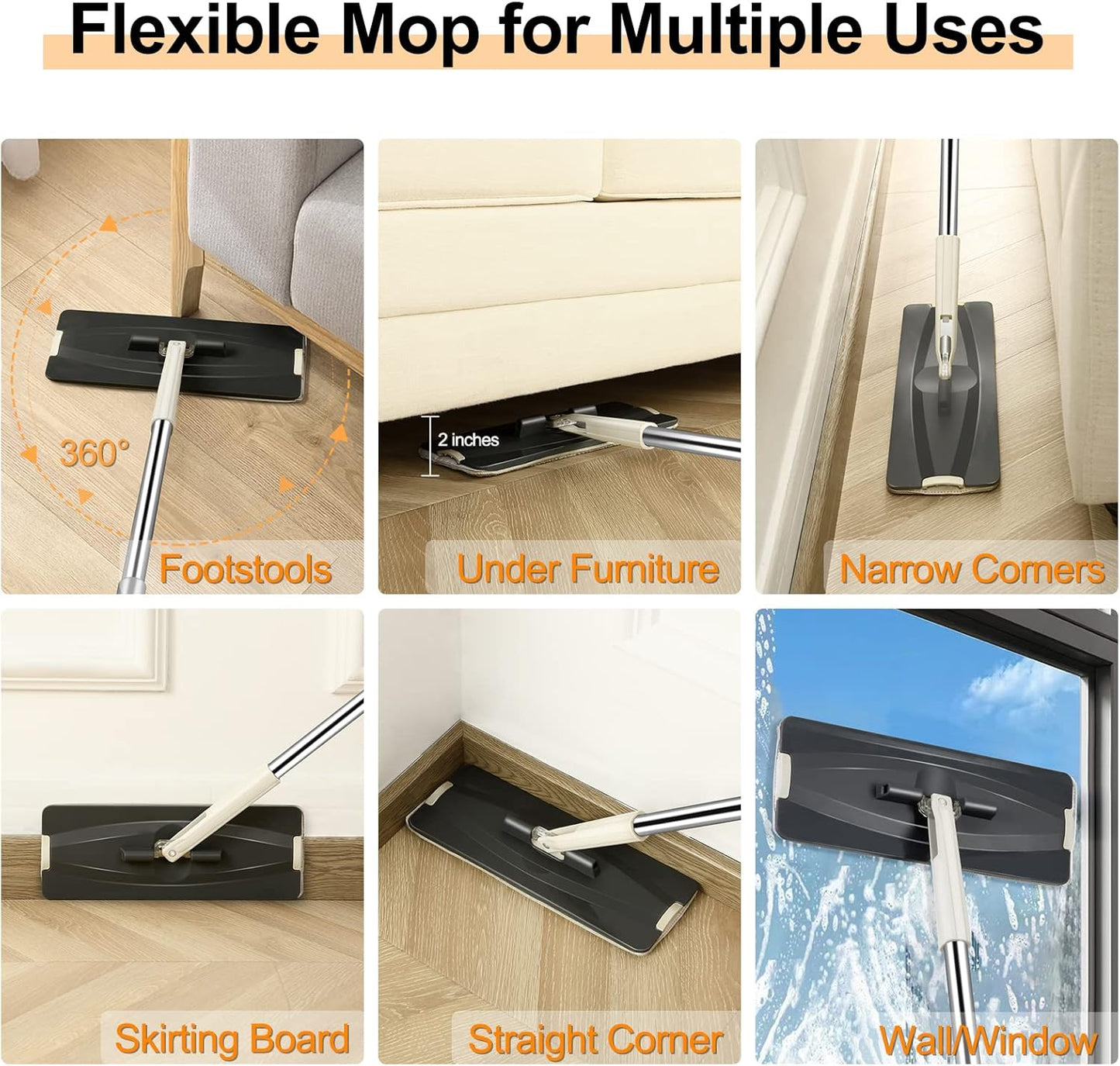 Jelymark Flat Mop and Bucket with Wringer Set, Separates Dirty and Clean Water, 3-Chamber Mop Wet and Dry Use, Not-Hands Squeeze Mops for Floor Cleaning, 4 Reusable Microfiber Mop Pads Included