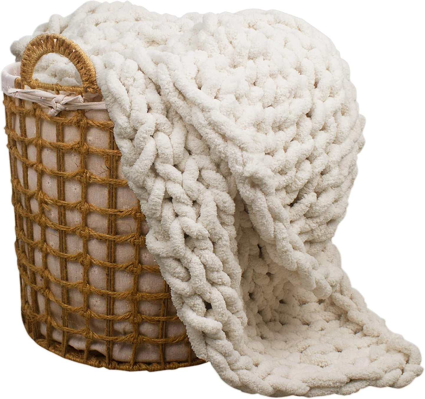 Carriediosa Chunky Knit Throw Blanket 50" X 60", 100% Hand Made Large Chenille Loop Yarn Soft Fluffy Throws for Couch Sofa Bed, Big Crochet Cozy Heavy Thick Cable Woven Blankets, Cream White