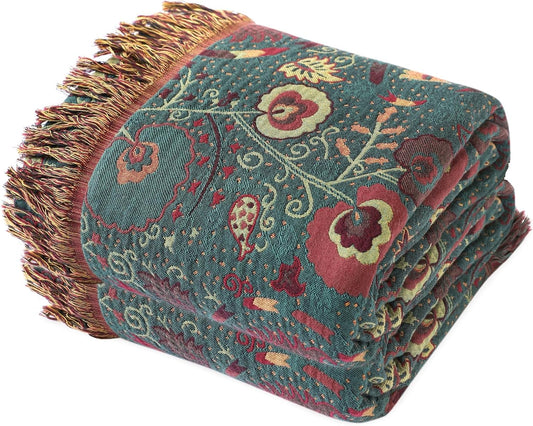 MSGKV Cotton Bed Blanket for Couch and Sofa Blankets for Living Room Bedroom Reversable Florals Throw 90"x98" Breathable Cozy Boho Blankets