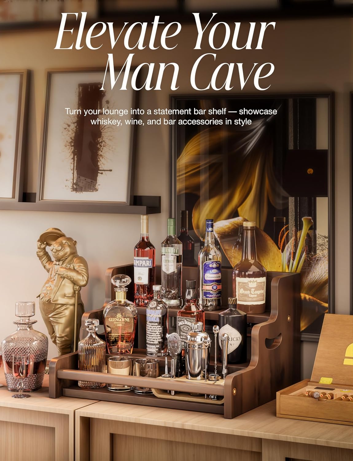 Tinamo Acacia Wood Liquor Bottle Display Shelf – 3-Tier Countertop Wine Rack, Bar Shelf – Whiskey Bar Stand for Home, Bottle Organizer for Countertop – Wine Holder with Handles (Walnut Color)