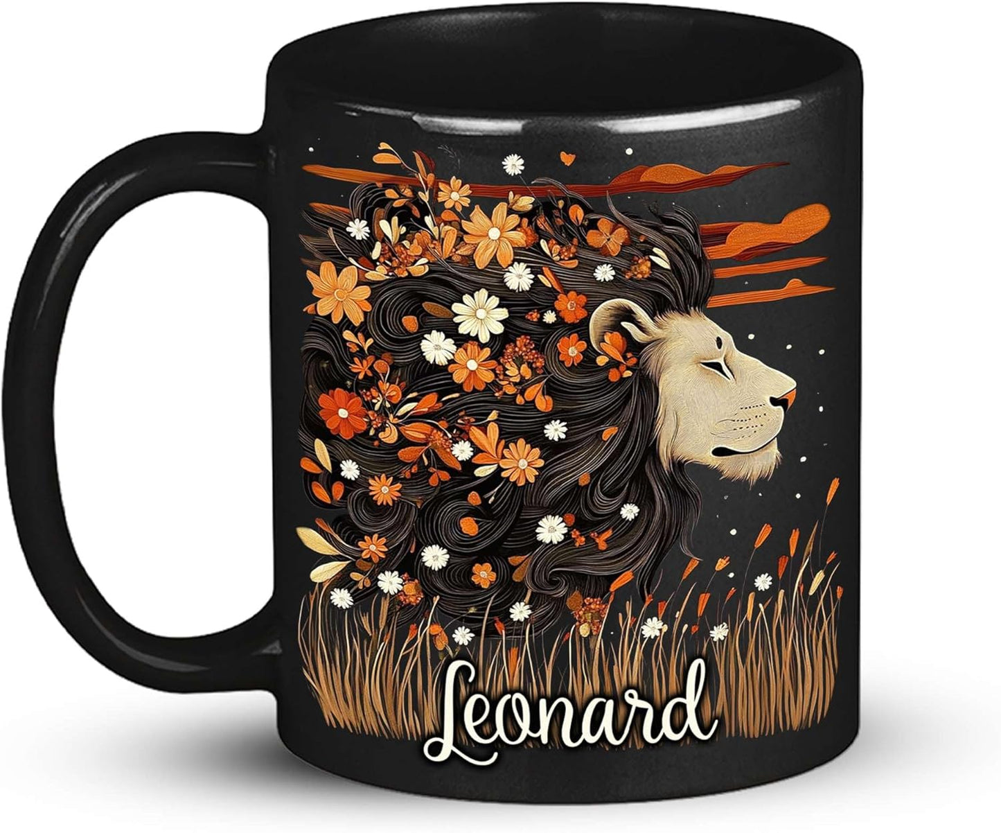 Personalized Lion Lover Cup with Vibrant Floral, Custom Name Coffee Mug 11oz or 15oz, Custom Nature Inspired Ceramic Cup, Artistic Lion Black Coffee Mug, Gifts for Women, Men