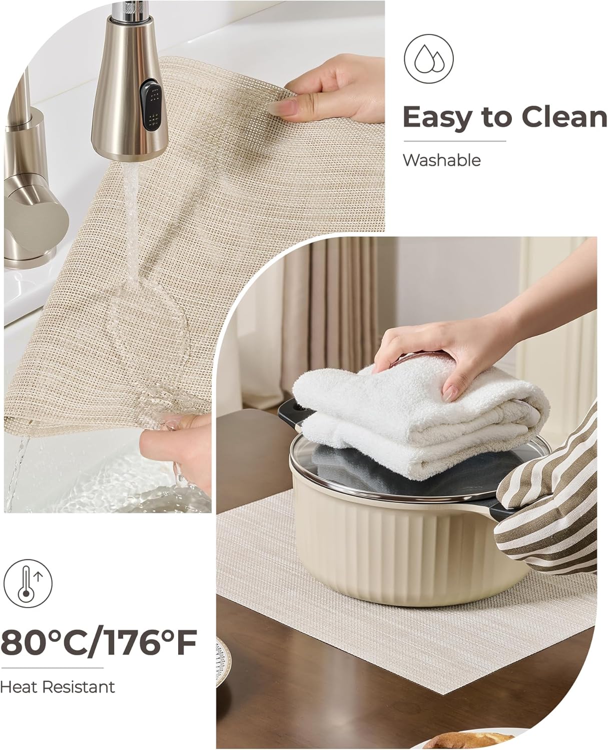 Leetaltree Beige White Placemats Set of 12 - Heat Resistant Non-Slip Place mats for Dining Table, Washable Durable PVC Vinyl Woven Table Mats（Beige White, 12）