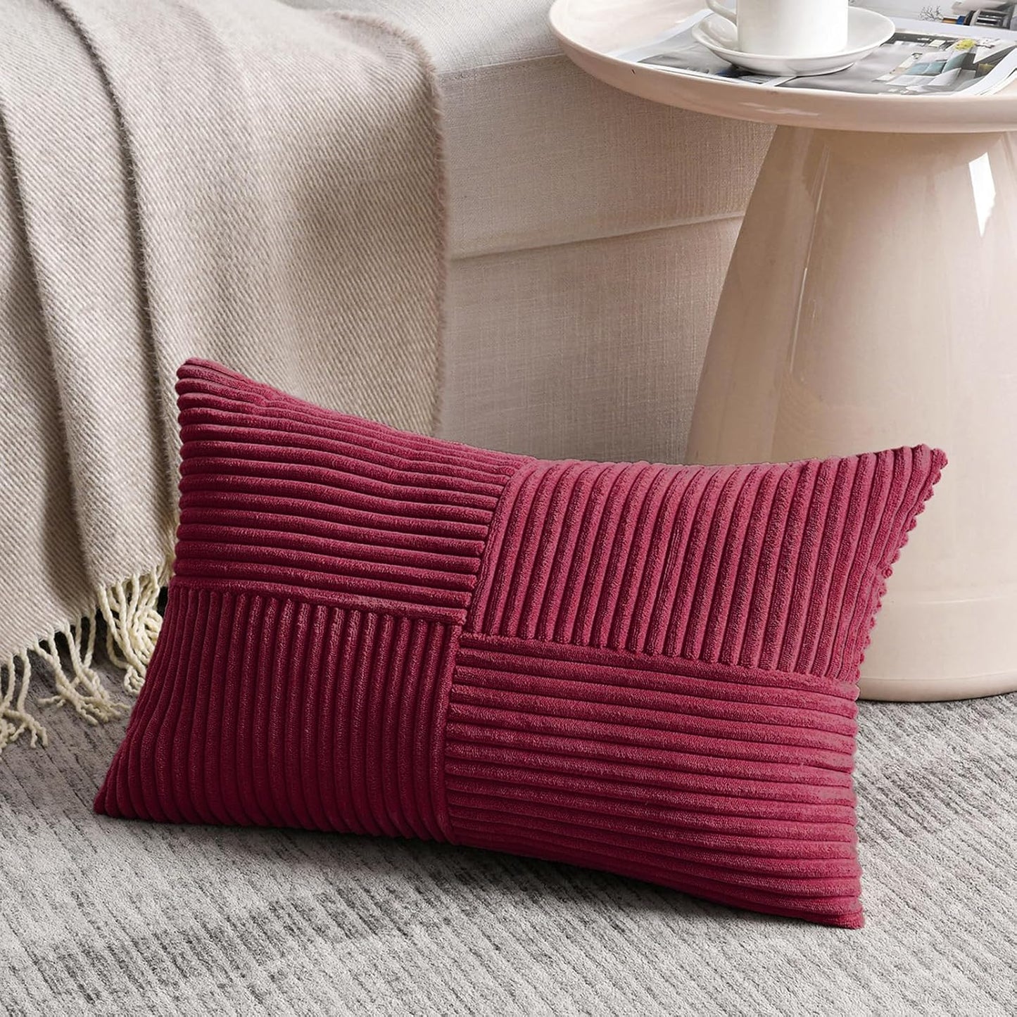 Fancy Homi 2 Packs Burgundy Lumbar Decorative Throw Pillow Covers 14x24 Inch for Living Room Couch Bed, Farmhouse Boho Home Decor, Soft Striped Corduroy Rectangle Accent Cushion Case 35x60 cm