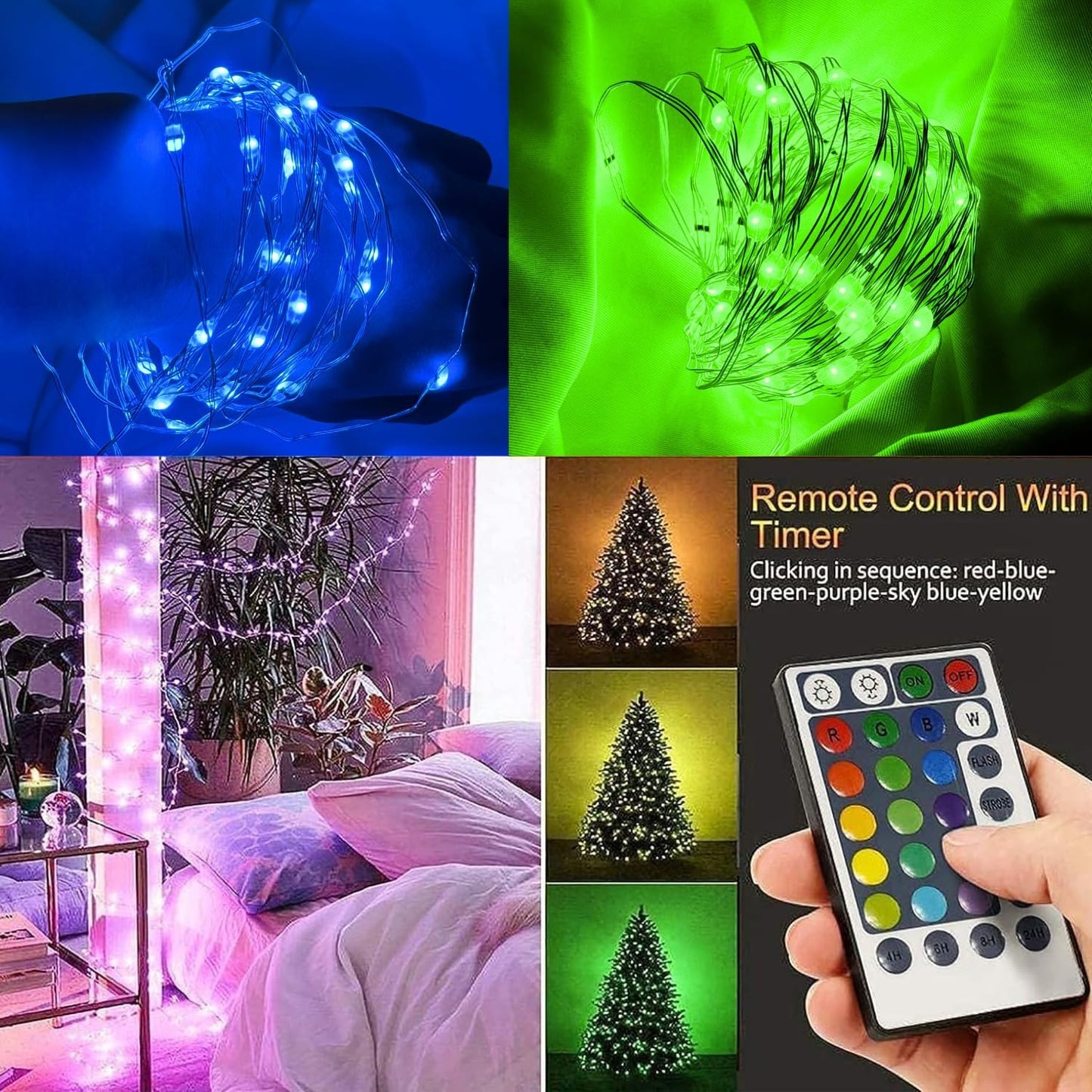 TenSteed Fairy Lights Battery Operated Twinkle Lights with Multicolor Changing, 50 LED, 16.4Ft Silvery Copper Wire, Remote Included. Perfect for Party, Wedding, Christmas Décor - 2 Pack