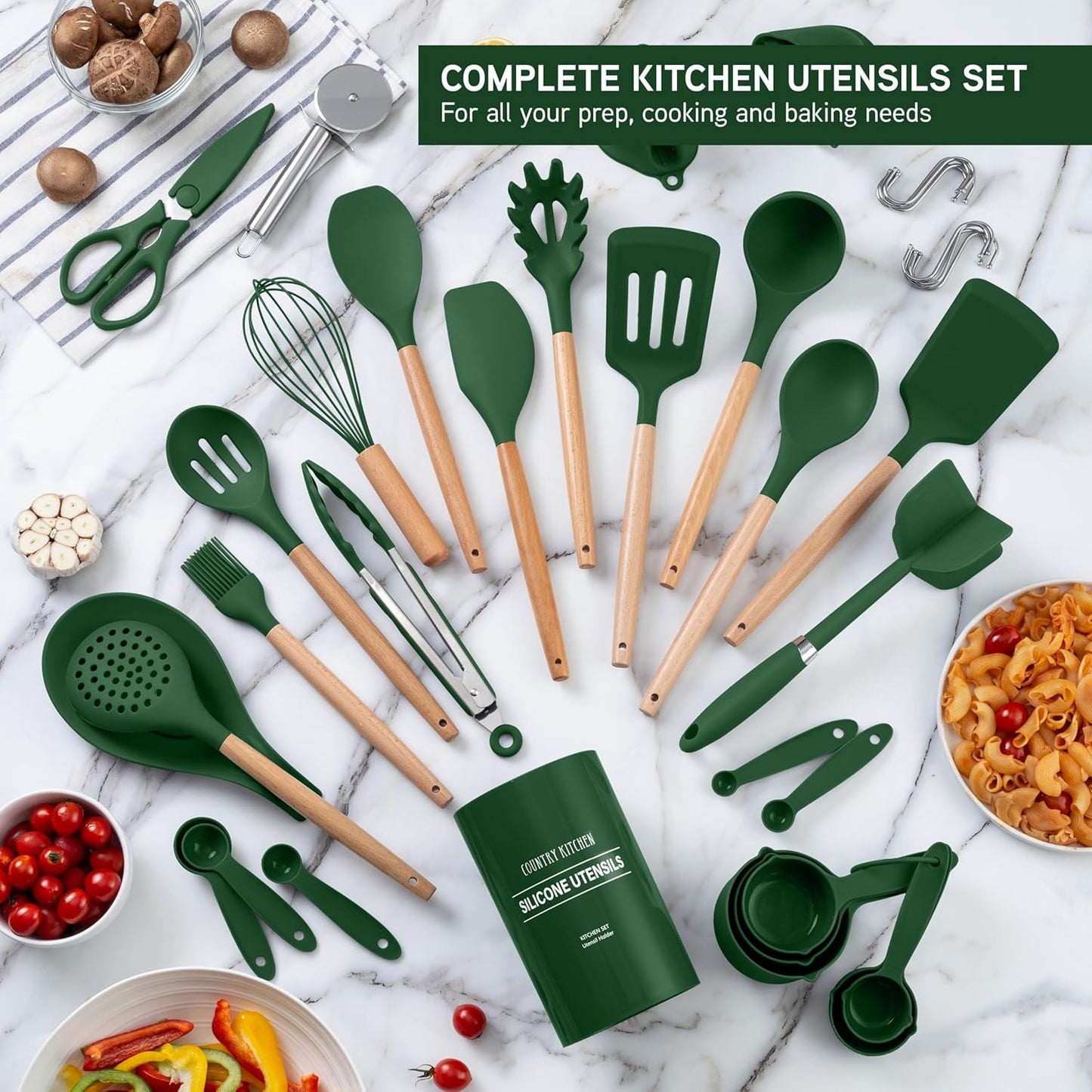 Country Kitchen Non Stick Silicone Utensil Set with Rounded Wood Handles for Cooking and Baking, 38 Piece Set, Green