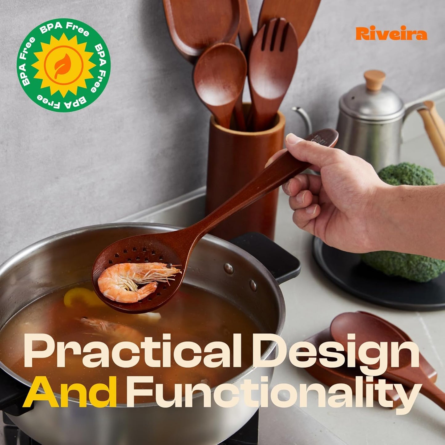 Riveira Set of 9 Premium Brown Bamboo Cooking Utensils - Bamboo Utensils for Cooking - Non-Toxic Utensils - Wooden Kitchen Set for Non-Stick Cookware