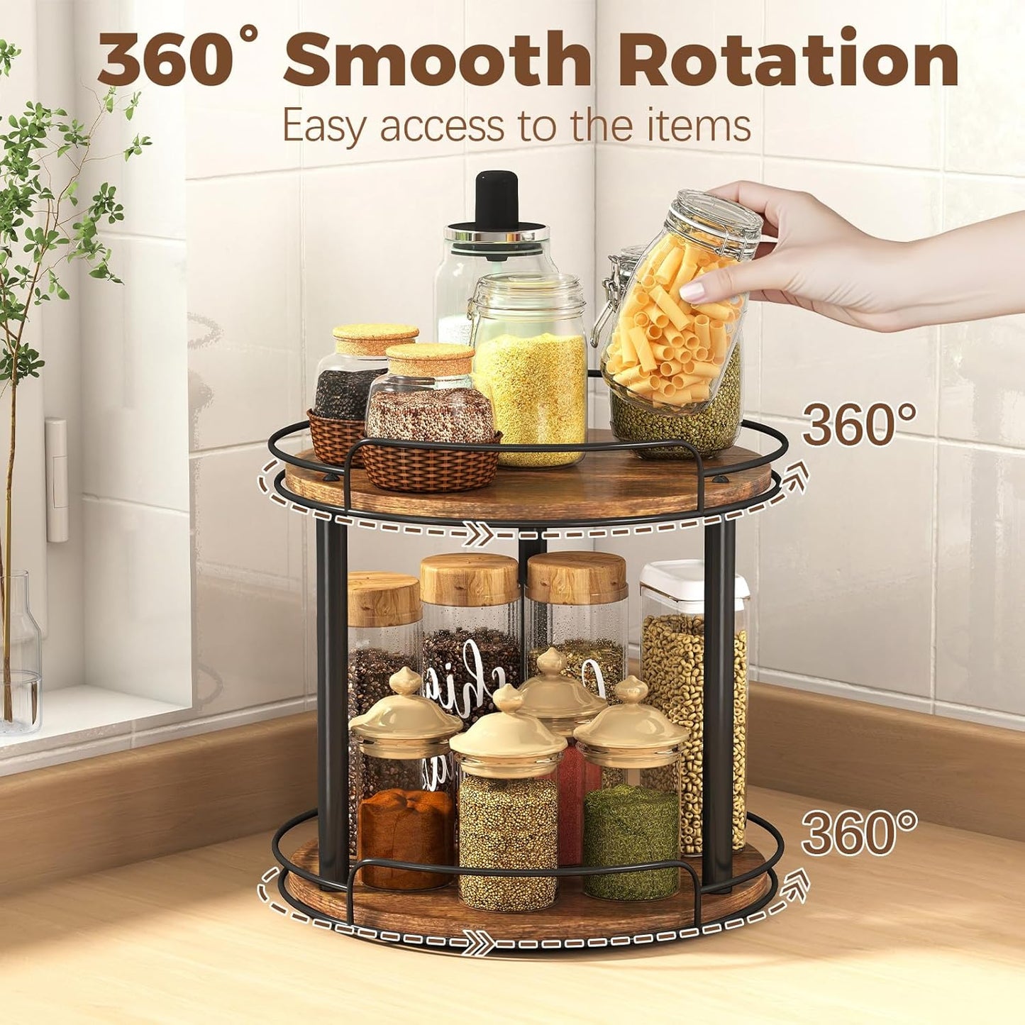 LAMU 12.2'' Wood Lazy Susan Turntable Organizer for Cabinet, 2 Tier Lazy Susan Spice Rack Organizer for Kitchen, Table Top, Countertop, Pantry, Bathroom