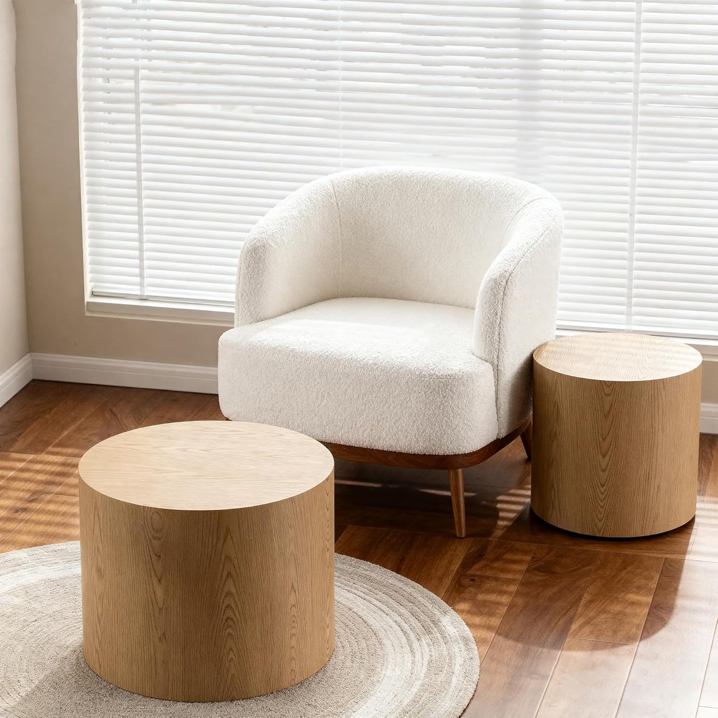 Nesting Round Coffee Table Set of 2, Small Circle Accent End Table for Small Spaces, Morden Drum Side Table, Wooden Center Table for Living Room, Fully Assembled - Natural