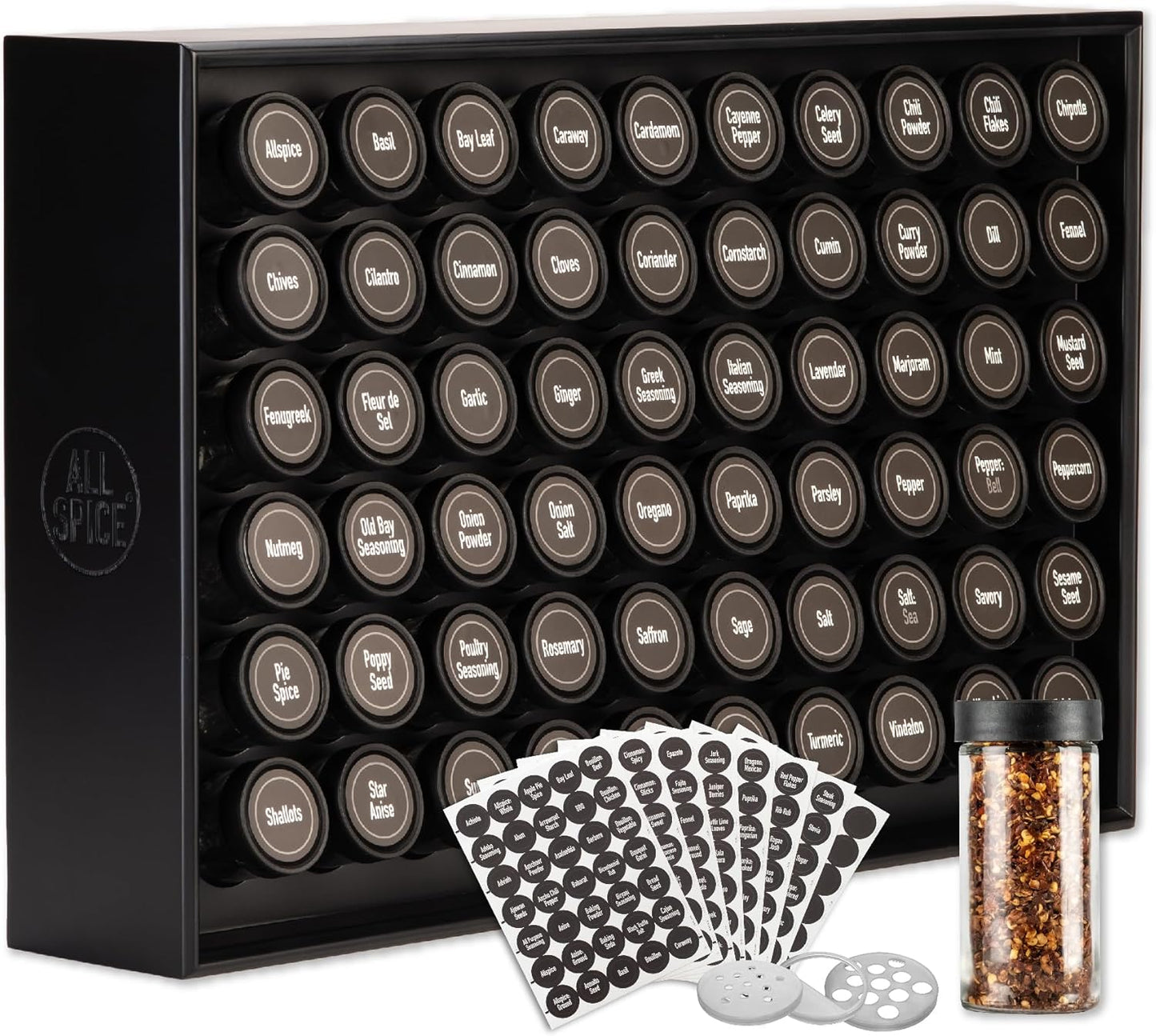 AllSpice Spice Rack Organizer, Wood, 525 Unique Labels, Countertop or Wall Mount, Includes 60 4oz Jars- Matte Black