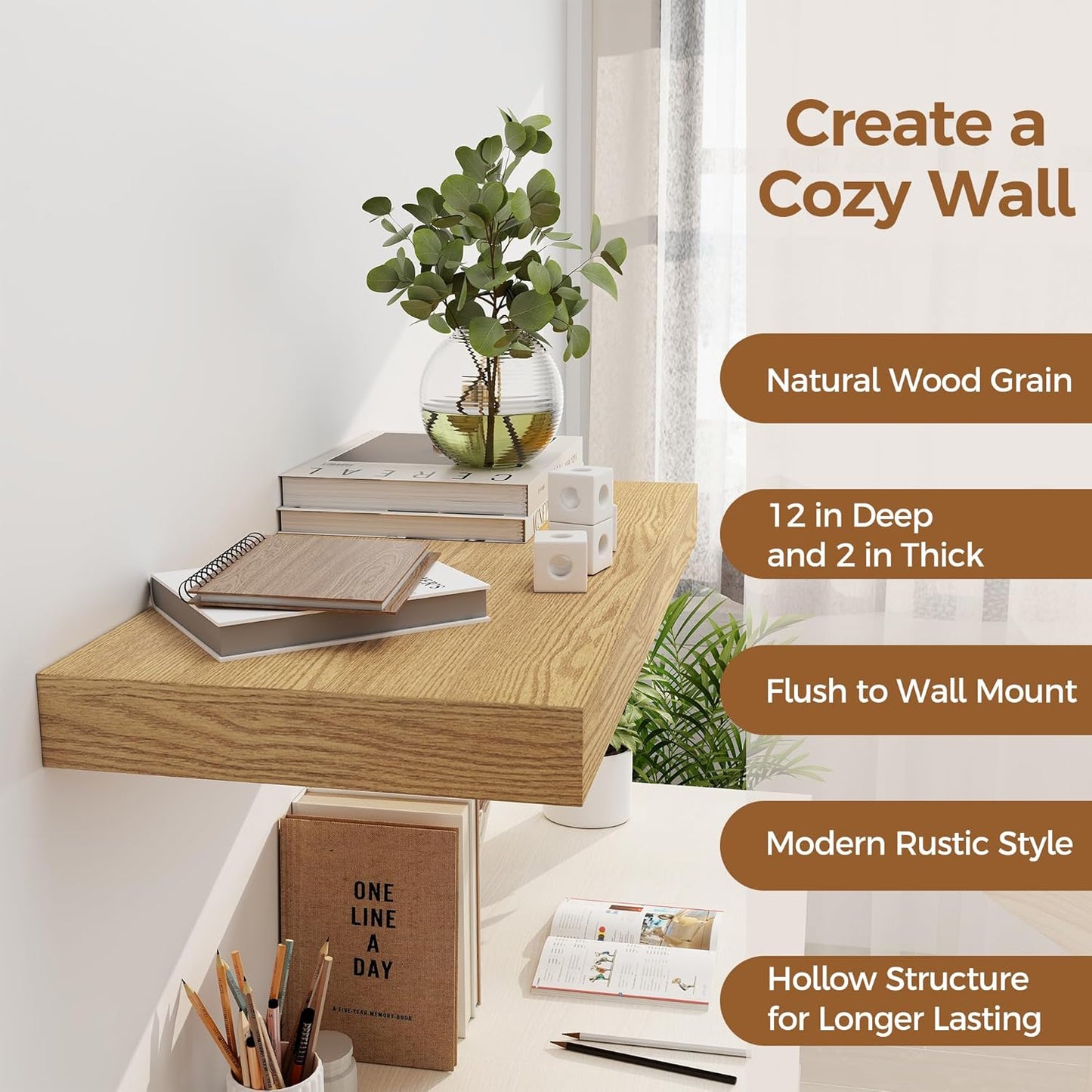 12 Inch Deep Floating Shelves, 24 x 12 Floating Shelf for Books, Rustic Wood Deep Wall Shelves for Home Storage & Display, 2" Thicked Shelves for Kitchen, Living Room, Bedroom, Oak Color, 1 Pack