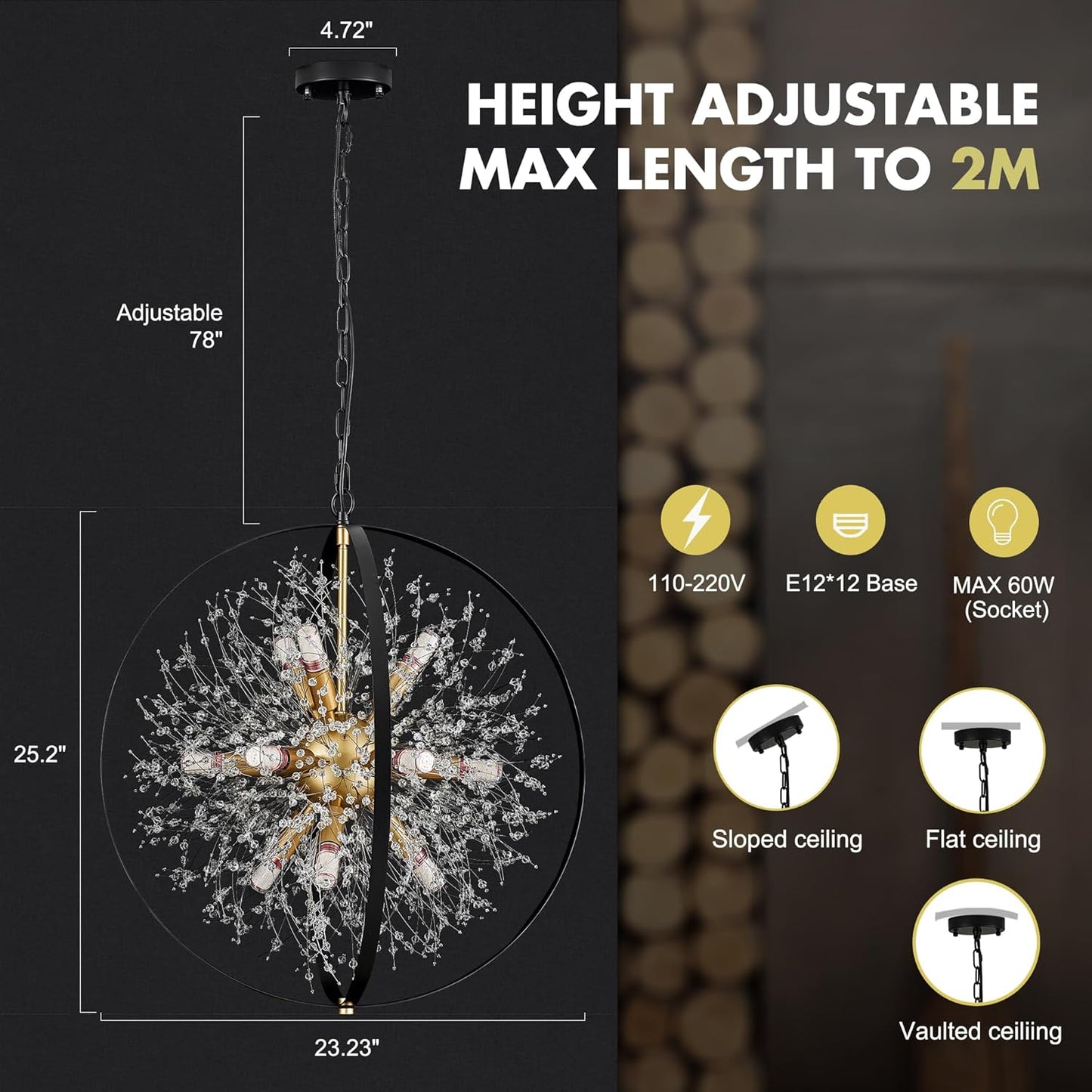 Modern Crystal Chandeliers Firework, 23.2'' Black Gold 12-Light Globe Dandelion Sputnik Chandelier, Hanging Pendant Lighting Fixture for Dining Room, Bedroom, Kitchen, Entryway, Foyer