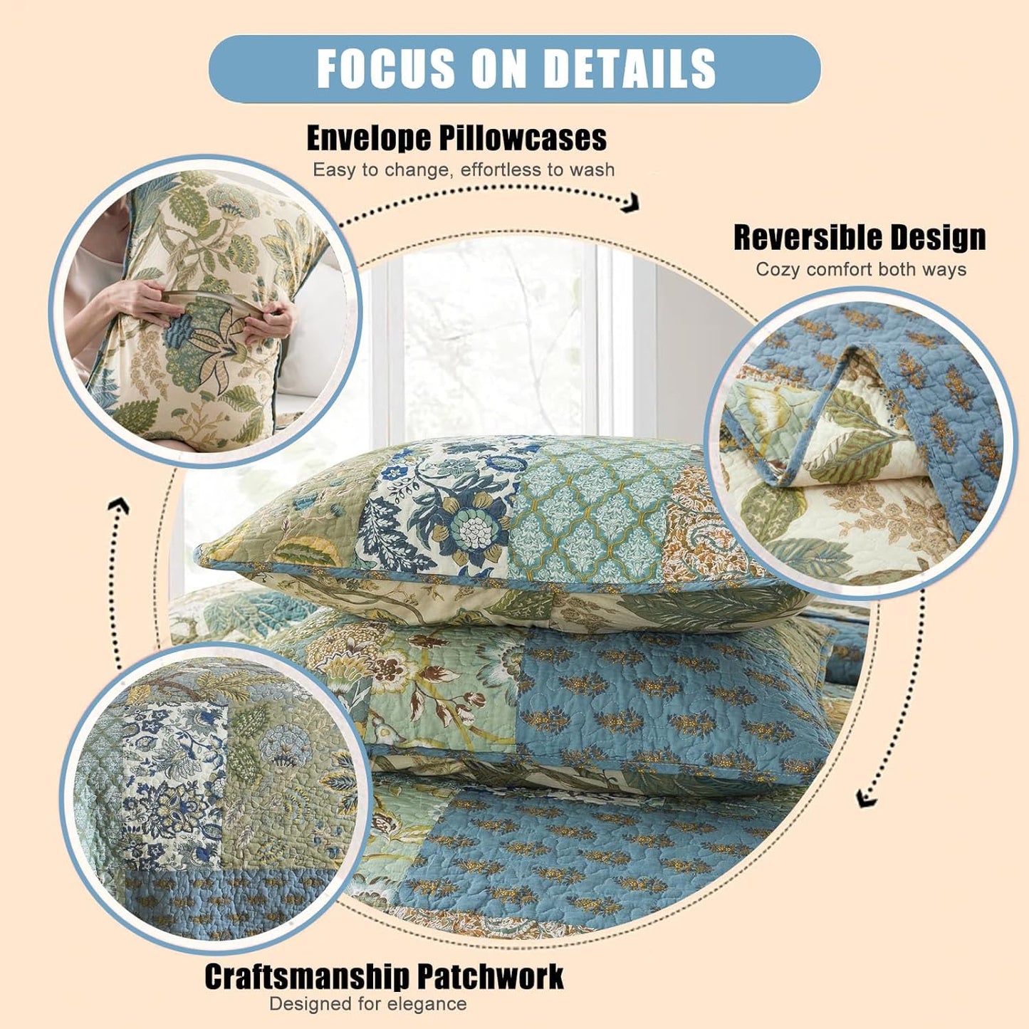 NEWLAKE Quilt Set Queen Size, 100% Cotton Patchwork Green Bohemian Quilt Sets, Reversible Bedspread Lightweight and Breathable for All Seasons, Soft Quilted Bedspread with 2 Pillow Shams