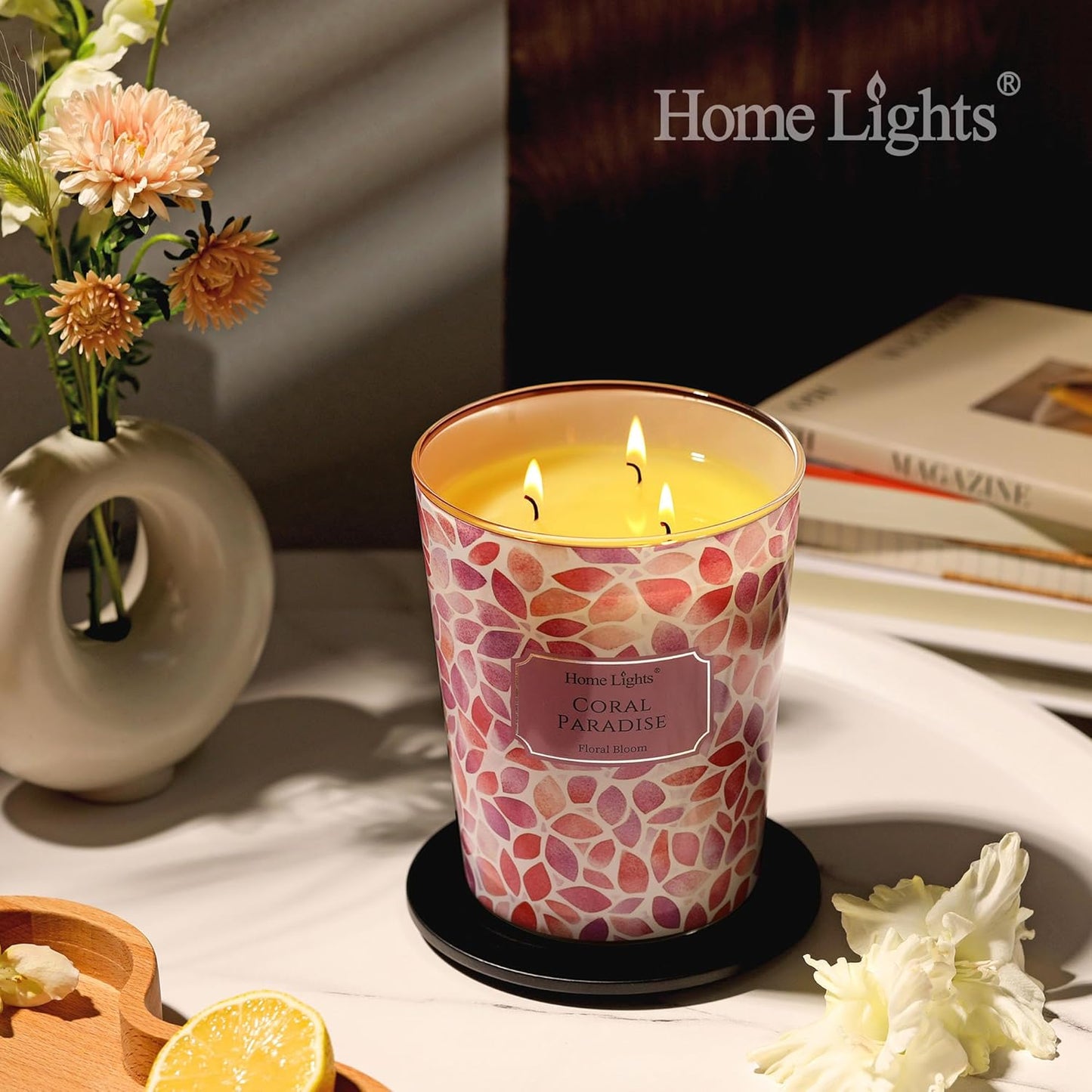 HomeLights Coral Paradise Scented Candles | 34oz Soy Candles Bohemian Natural Textures 3-Wick Large Candle Jars | Ideal Candle Gifts for Events, Home Decor Stress, Relief & Relaxation