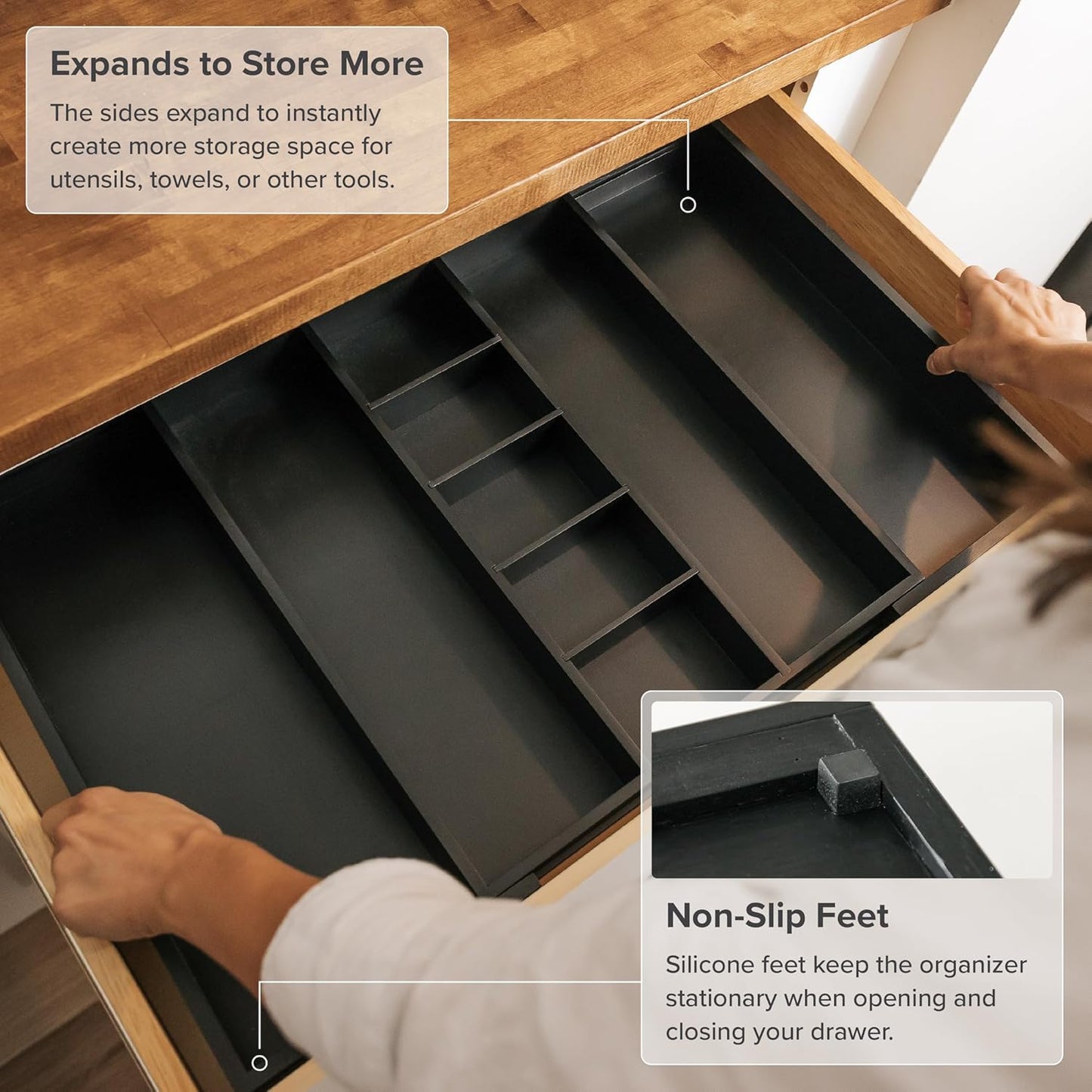 Adjustable Kitchen Drawer Organizer for Utensils and Junk, Food-Safe Contract Grade with 100% Sustainable Wood, Expandable from 16 to 28 Inches Wide - Black Bamboo