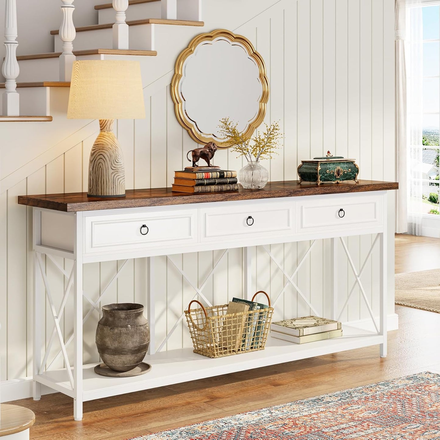 Tribesigns 70.8" Console Table with 3 Drawers, Farmhouse Entryway Table with Storage Shelf, Narrow Long Sofa Foyer Table for Entryway, Hallway (White/Brown)