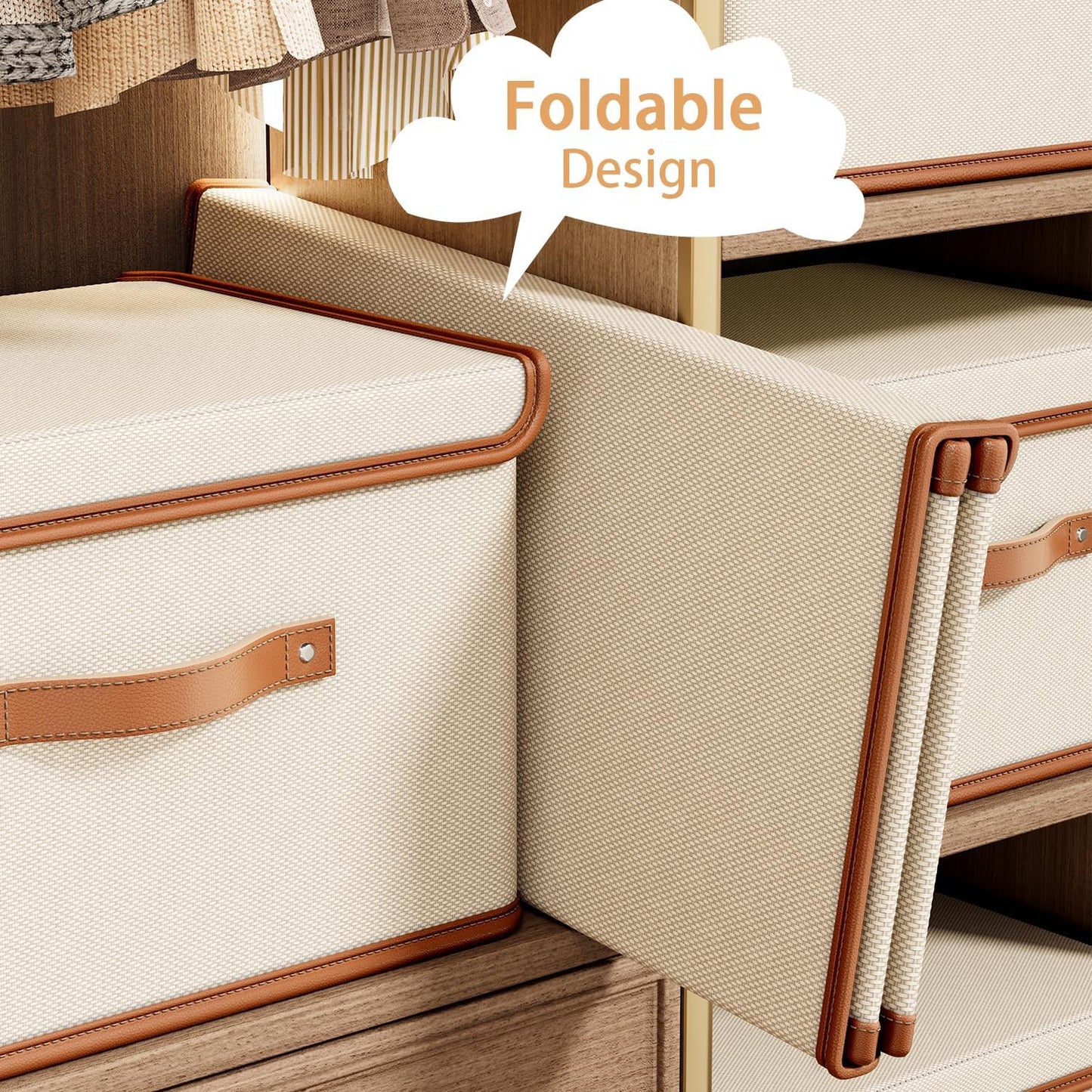 Tuza 4 Pack Storage Bins with Lids, Collapsible Closet Organizer Container, Fabric Organizer Box with Handles, Decorative Storage Boxes with Lids for Organizing Clothes, Books, File, White, Medium