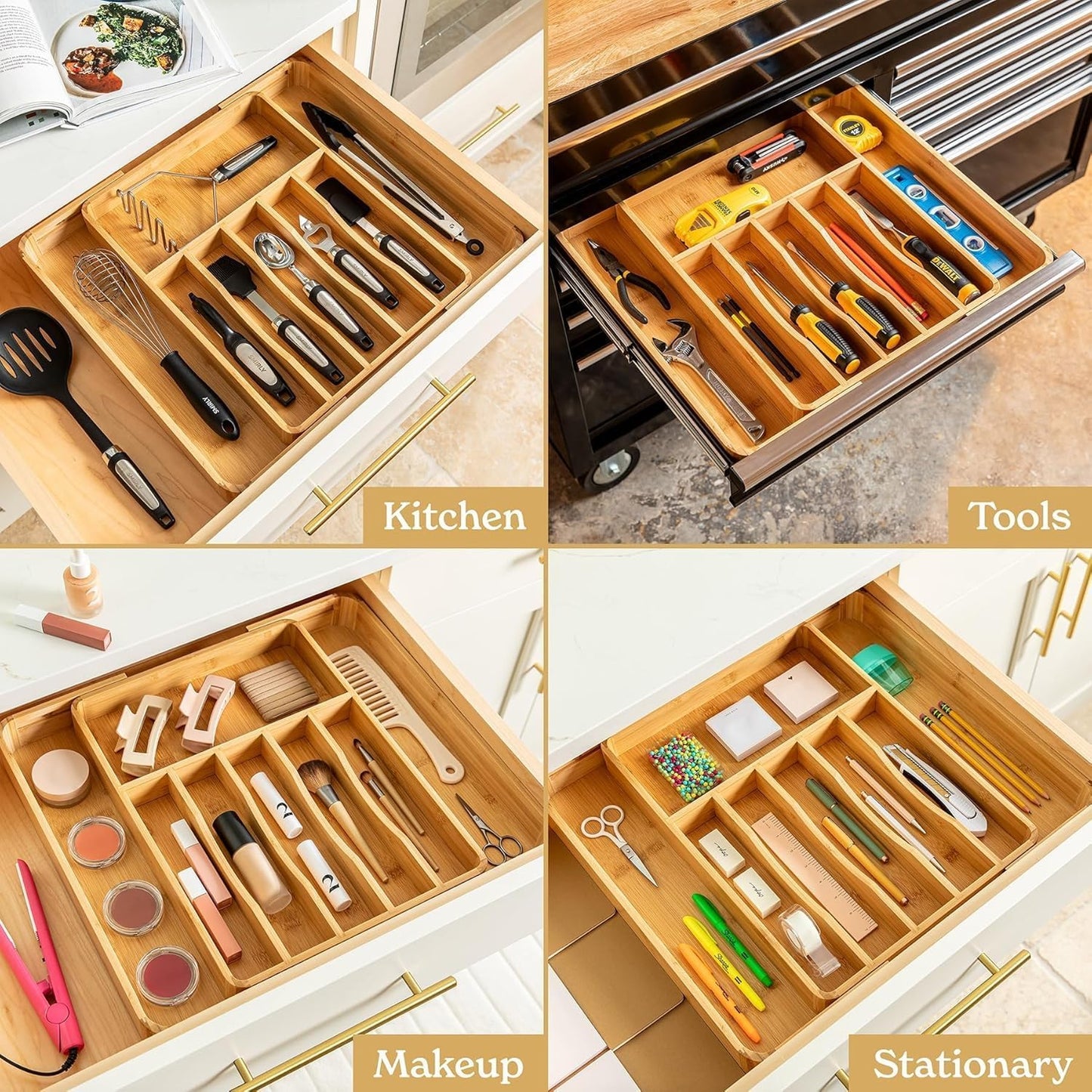 SMIRLY Silverware Drawer Organizer – Bamboo Kitchen Drawer Organizer, Adjustable Utensil Holder and Cutlery Tray, Drawer Dividers for Flatware and Kitchen Utensils